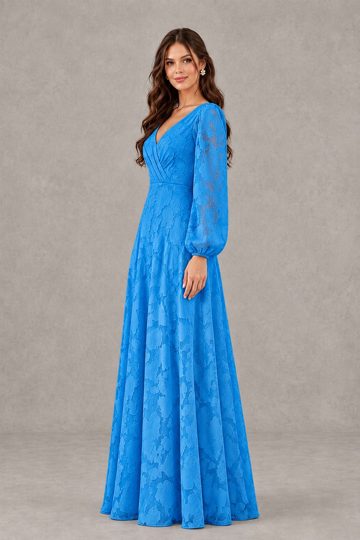 BOLODOO Blue Long Sleeve V-Neck A-Line Mother of the Bride Dress - Blue - Blue_3