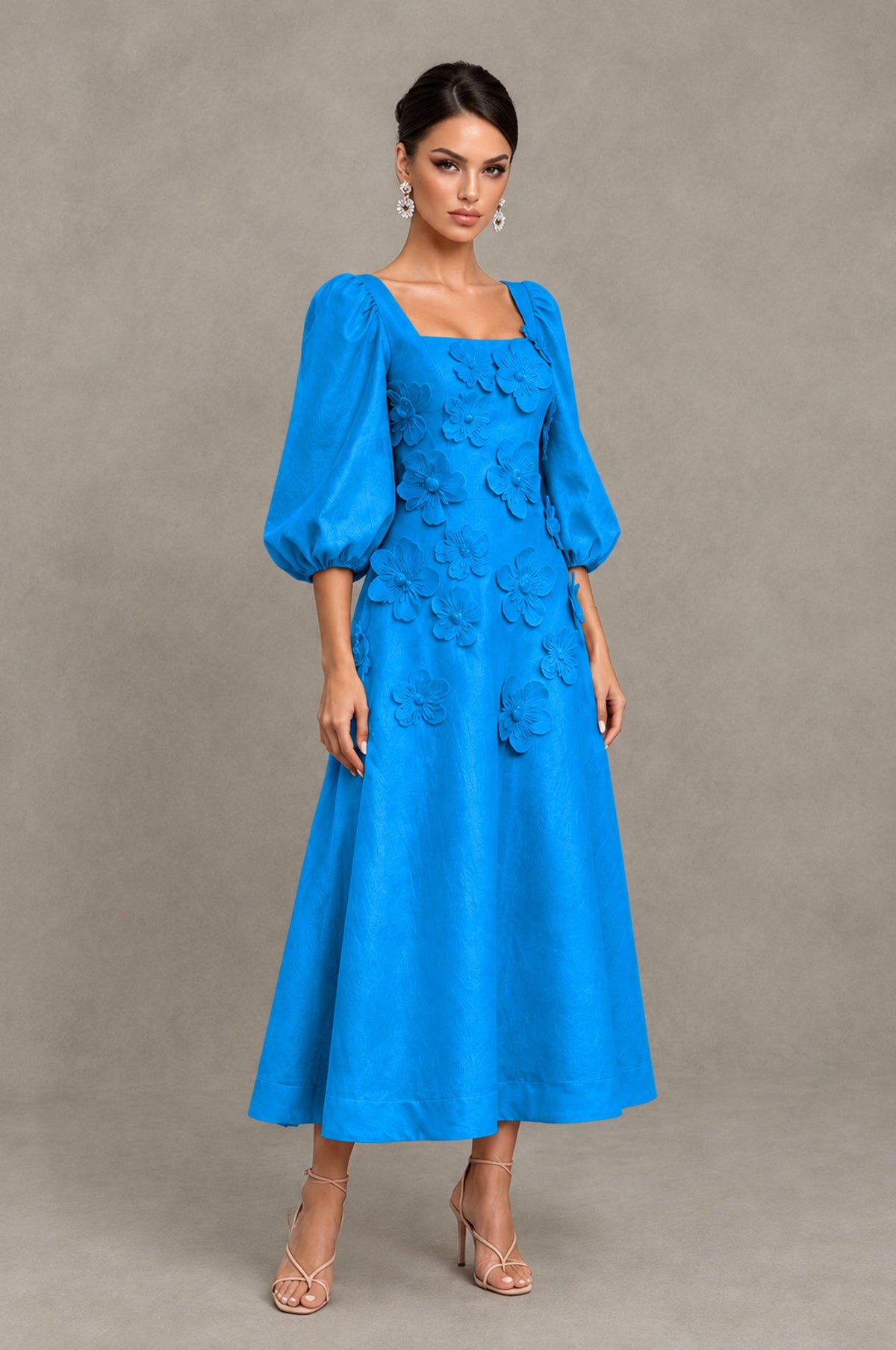 BOLODOO Blue 3D Floral Puff Sleeve Midi Cocktail Dress - Blue - Blue_3