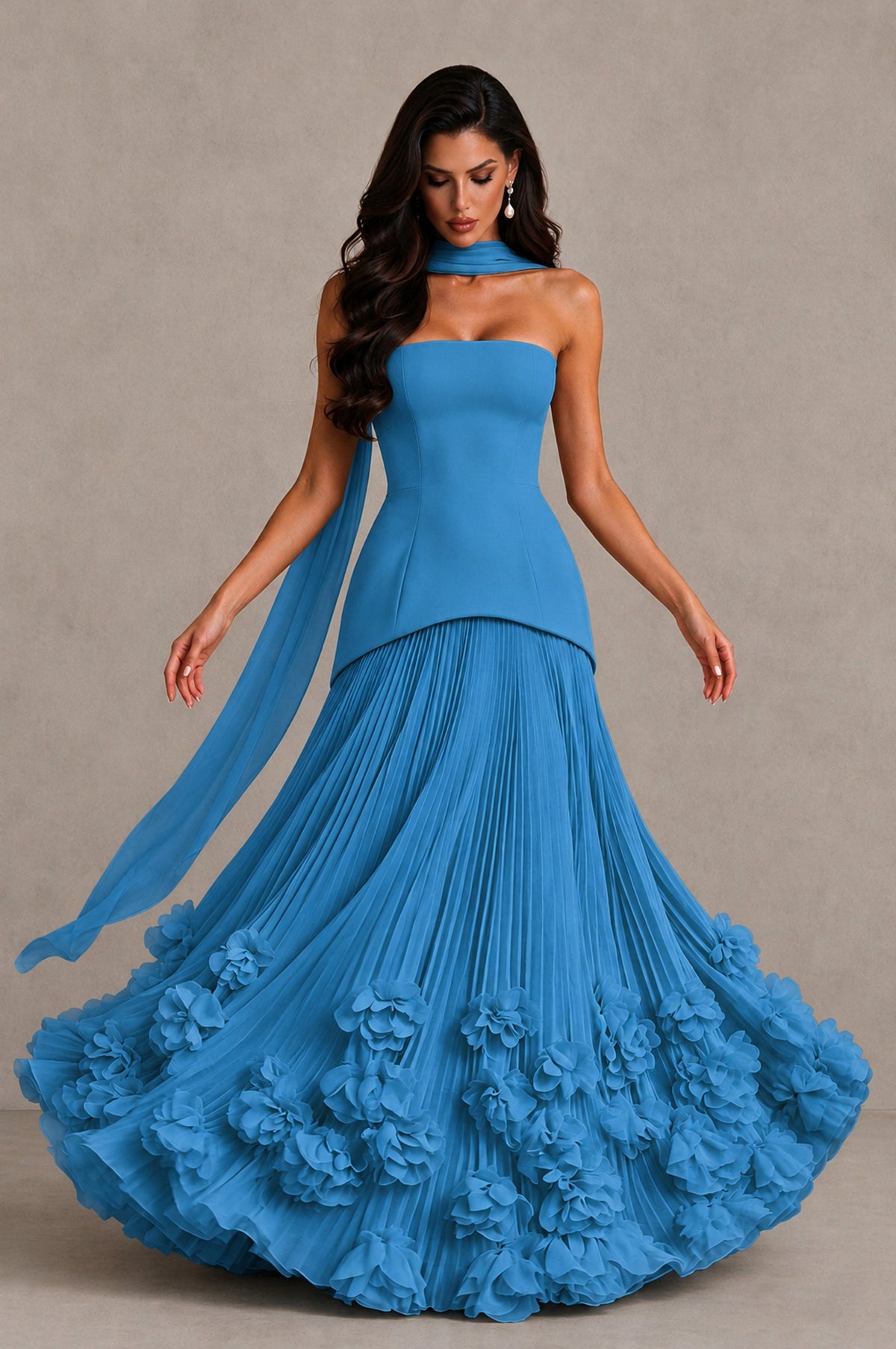 BOLODOO Blue Strapless Pleated Floral Hem Evening Gown - Blue - Blue_3