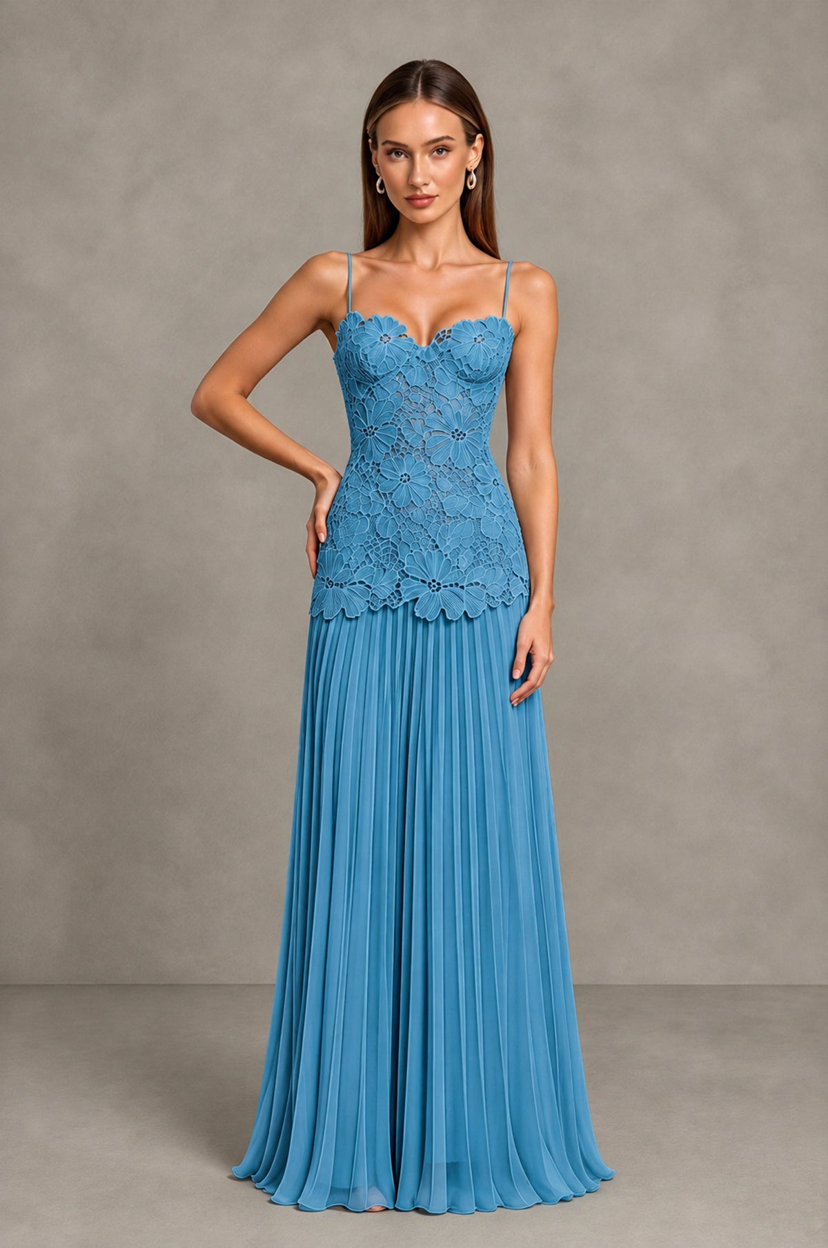BOLODOO Blue Lace Bodice Pleated Wedding Guest Dress - Blue - Blue_3