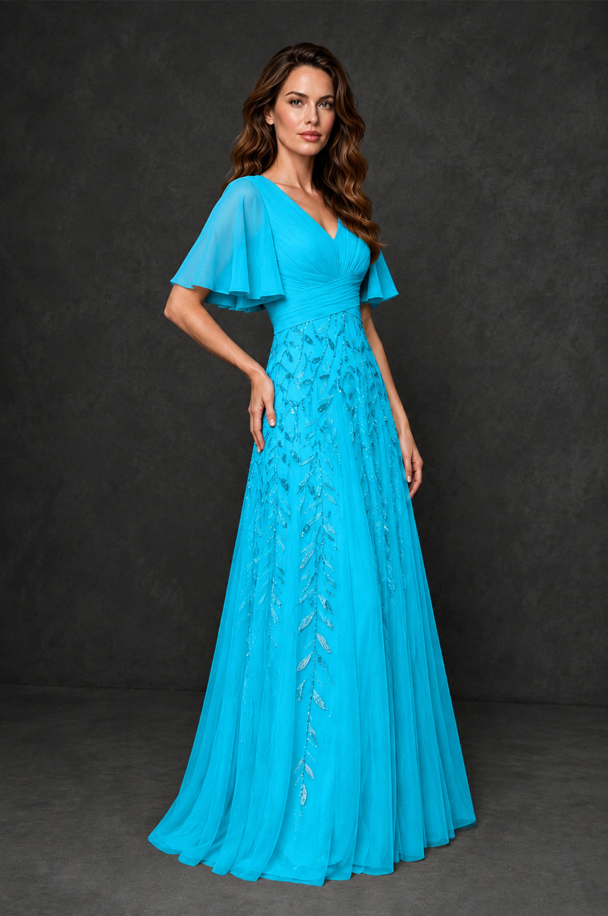 BOLODOO Blue V-Neck Flutter Sleeve Beaded Botanical Tulle A-Line Gown | Mother of the Bride Evening Dress - Blue - Blue_3