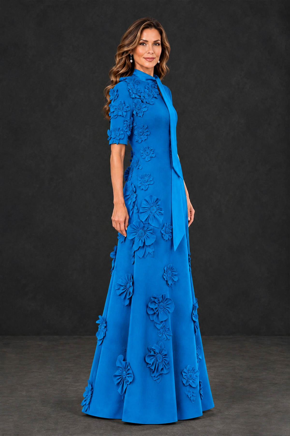 BOLODOO Blue Floral Applique High-Neck Half-Sleeve Gown - Blue - Blue_3