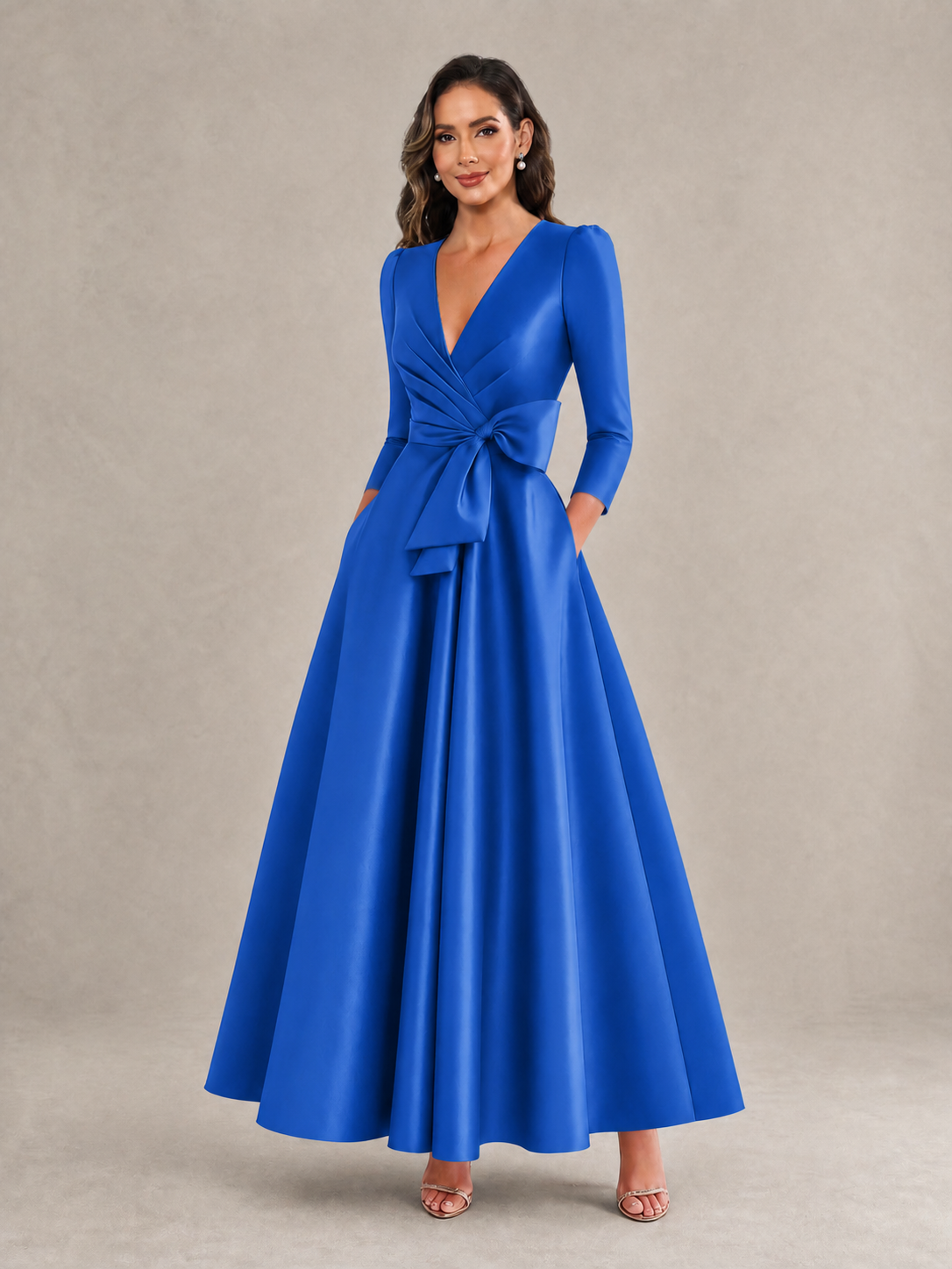BOLODOO Blue Satin Deep V-Neck Wrap 3/4 Puff Sleeve A-Line Ball Gown Maxi Dress with Oversized Bow Belt - Blue
