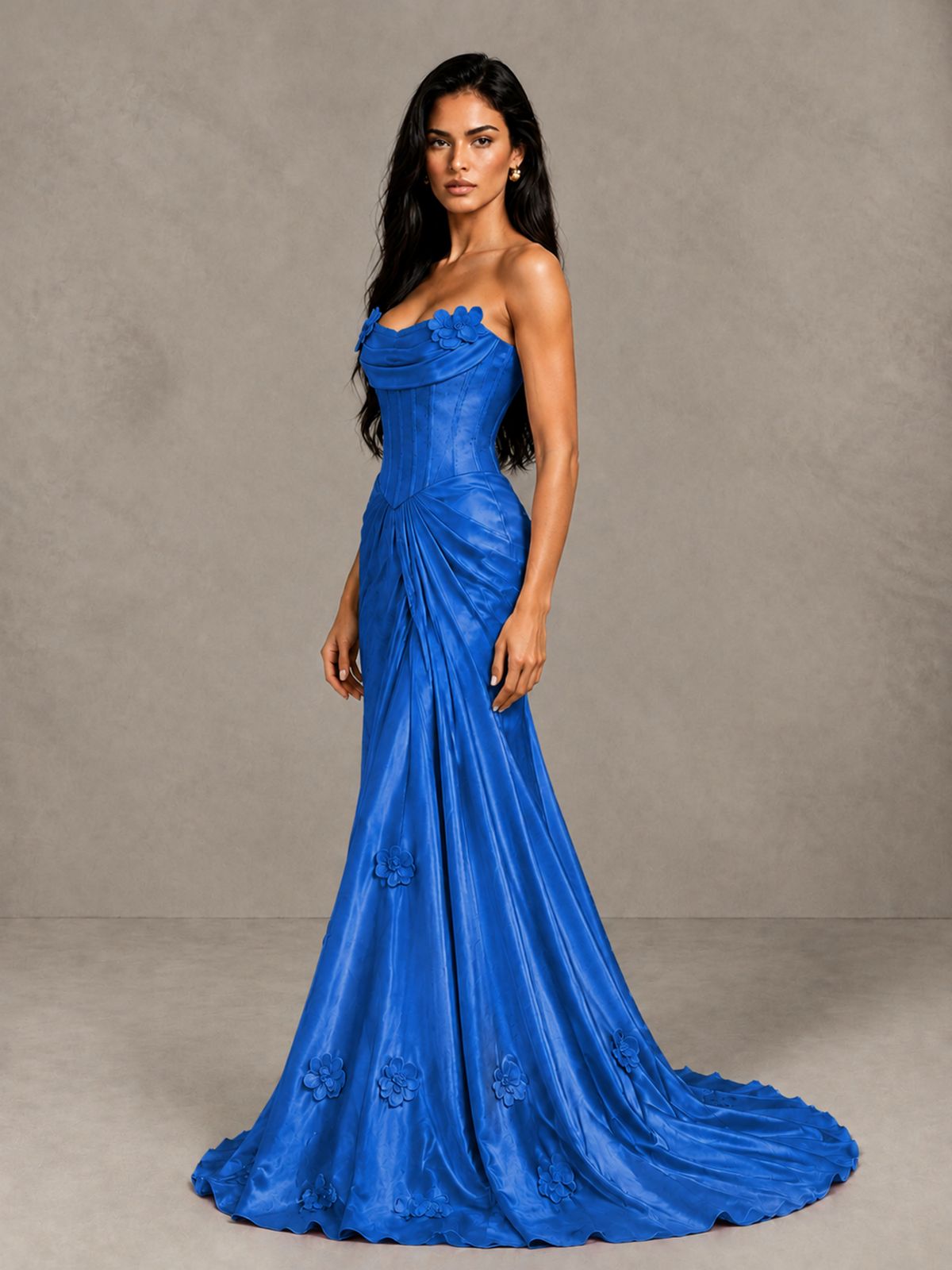 BOLODOO Blue Strapless Floral Corset Evening Gown with Train - Blue - Blue_3