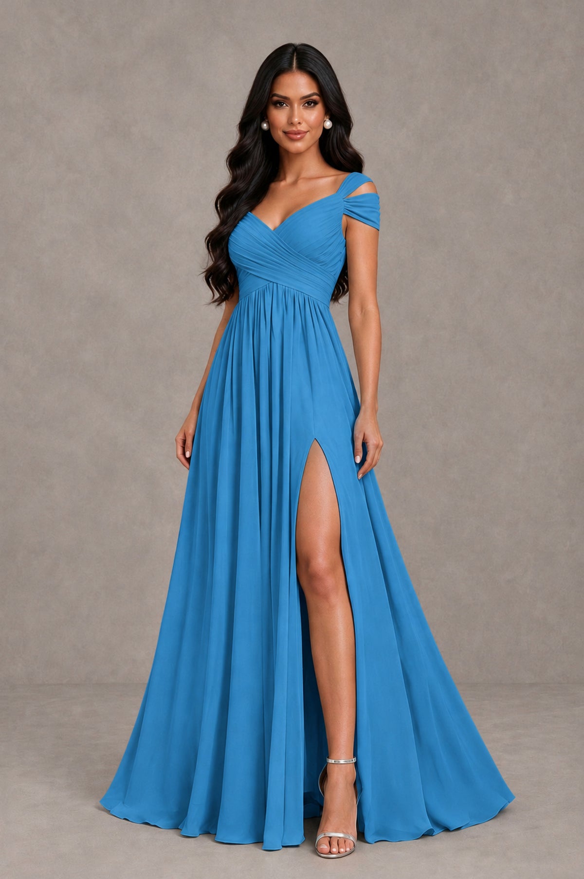 BOLODOO Blue Cold Shoulder Chiffon Evening Dress with V Neck and High Slit - Blue - Blue_3