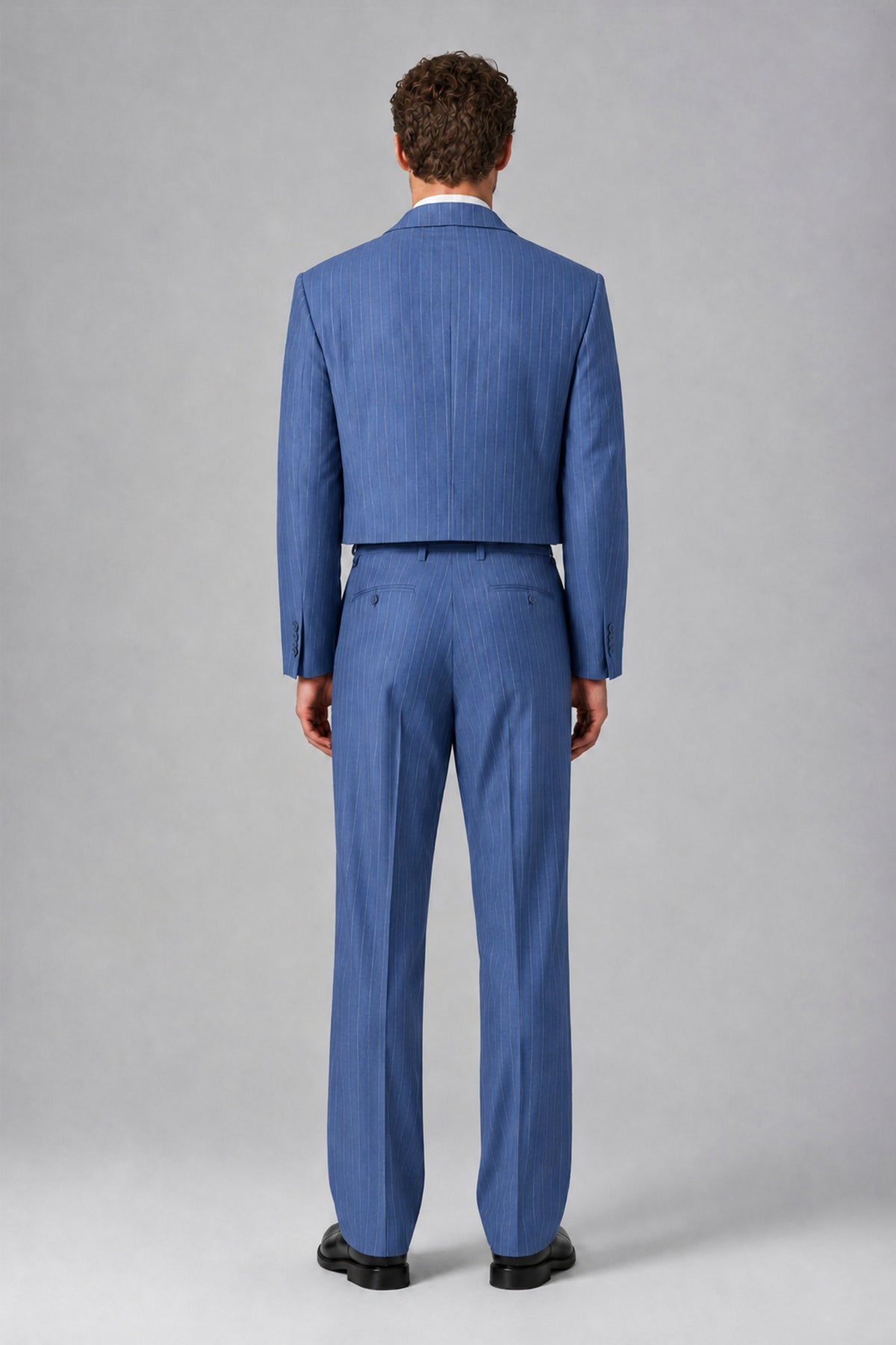 Bolodoo Men's Blue Pinstripe Two-Piece Suit with Cropped Blazer & Wide-Leg Trousers - Blue - Blue_3
