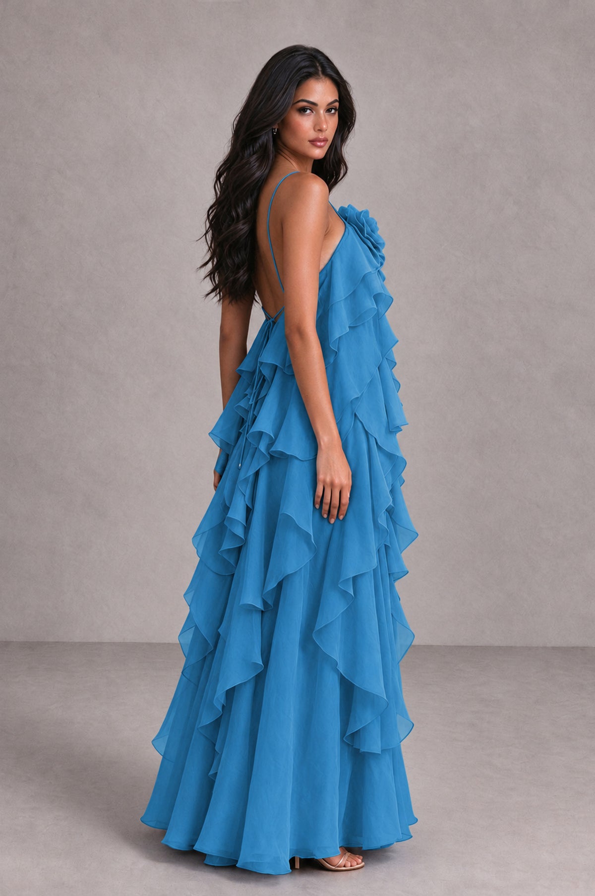 BOLODOO Blue Cascading Ruffle Rosette Open-Back Maxi Dress - Blue - Blue_3