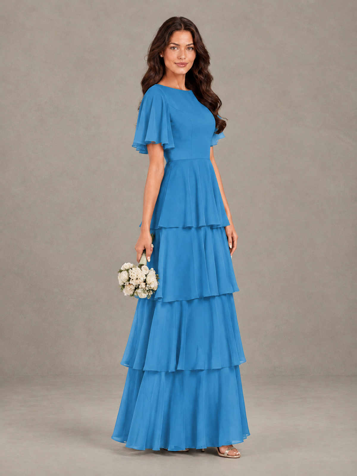 BOLODOO Blue Tiered Flutter Sleeve Bridesmaid Dress - Blue - Blue_3