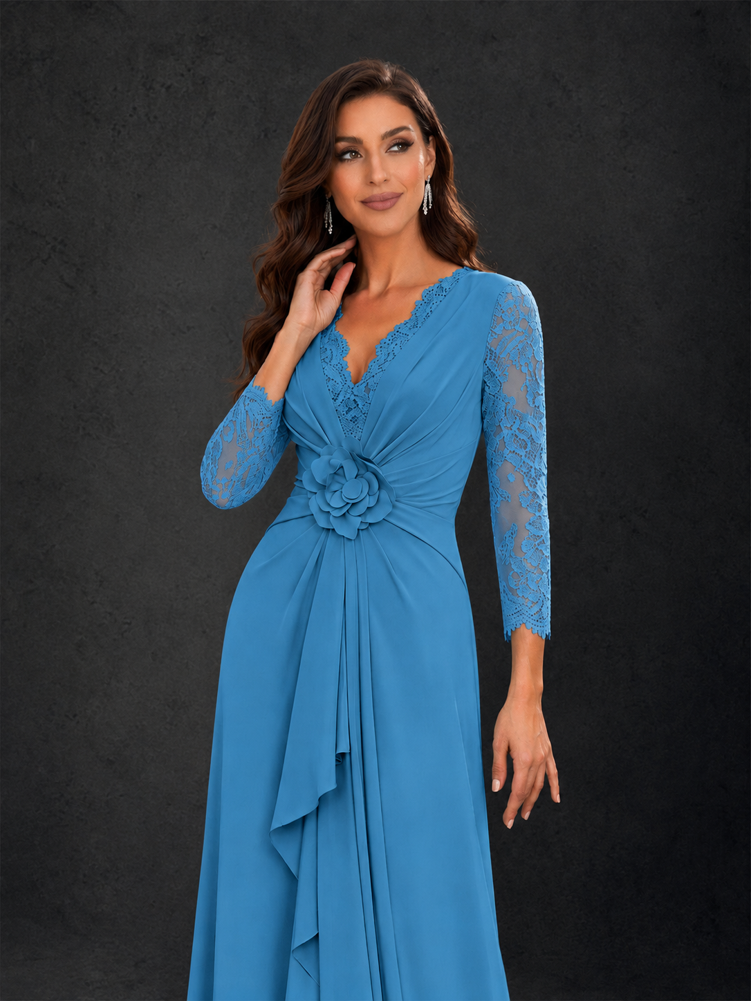 BOLODOO Blue Lace Sleeve V-Neck Floral Waist Chiffon A-Line Maxi Dress - Blue