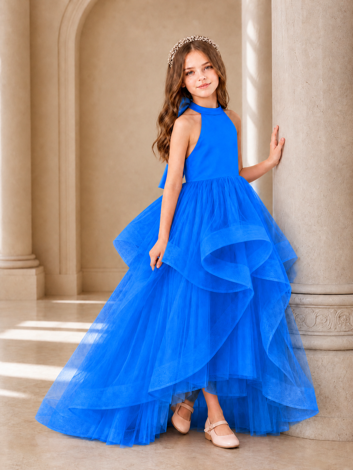 BOLODOO Blue Halter Tiered Tulle Flower Girl Dress with Bow Back - Blue - Blue_3