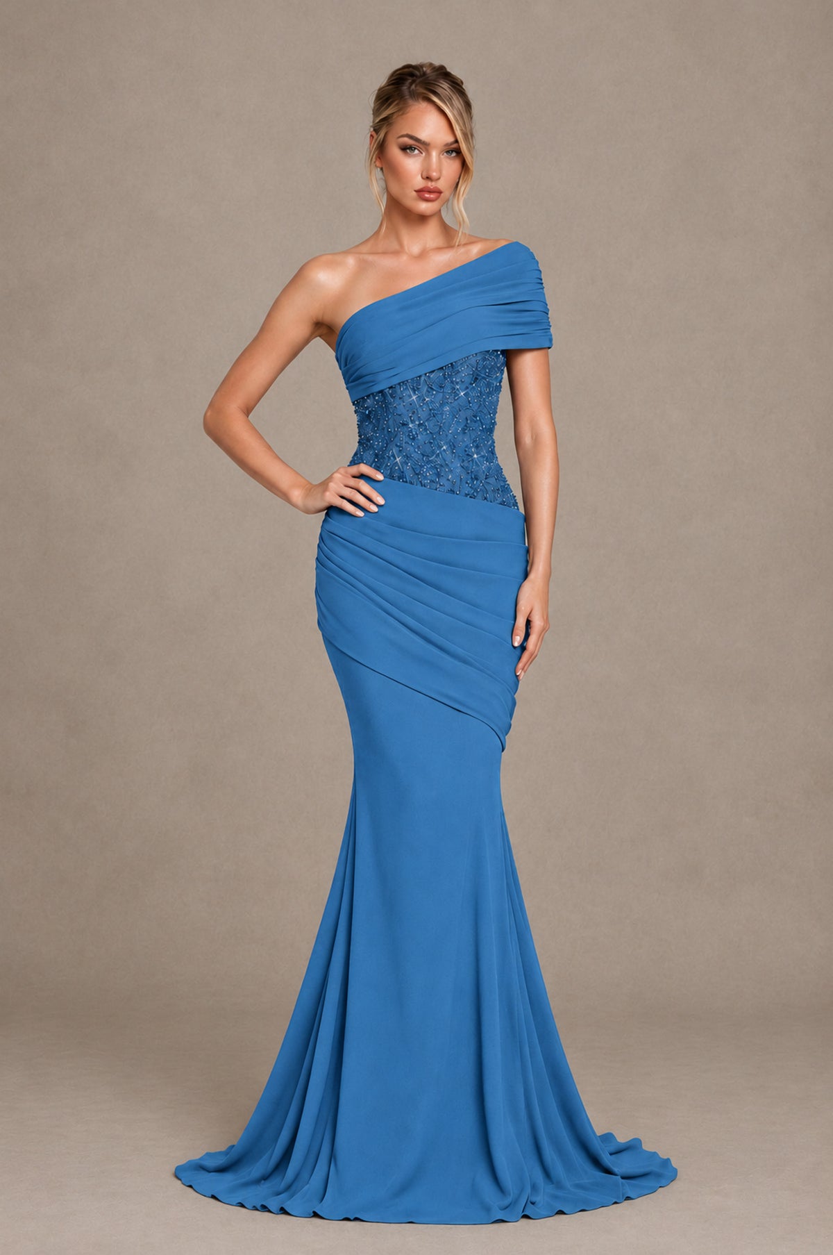 BOLODOO Blue One-Shoulder Sequin Embroidered Ruched Mermaid Gown with Train - Blue - Blue_3