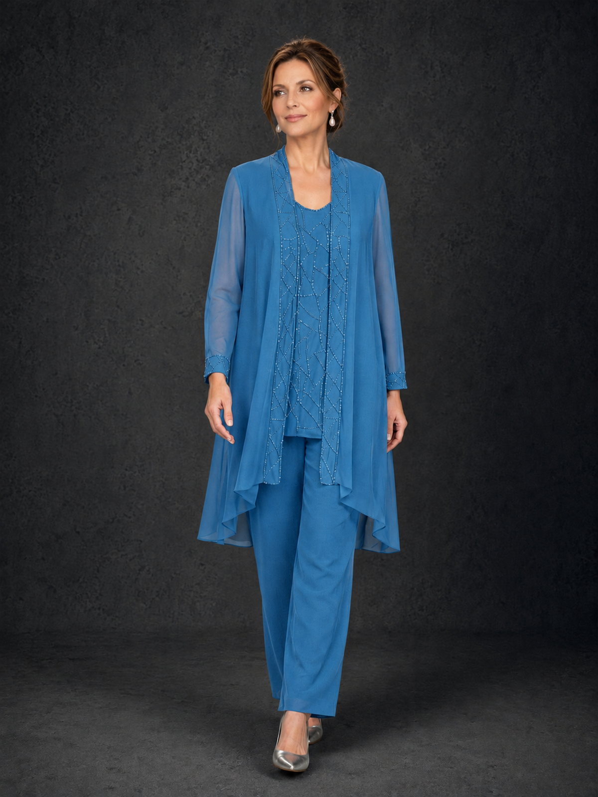 BOLODOO Blue 3-Piece Beaded Chiffon Duster Jacket Pant Suit - Blue - Blue_3