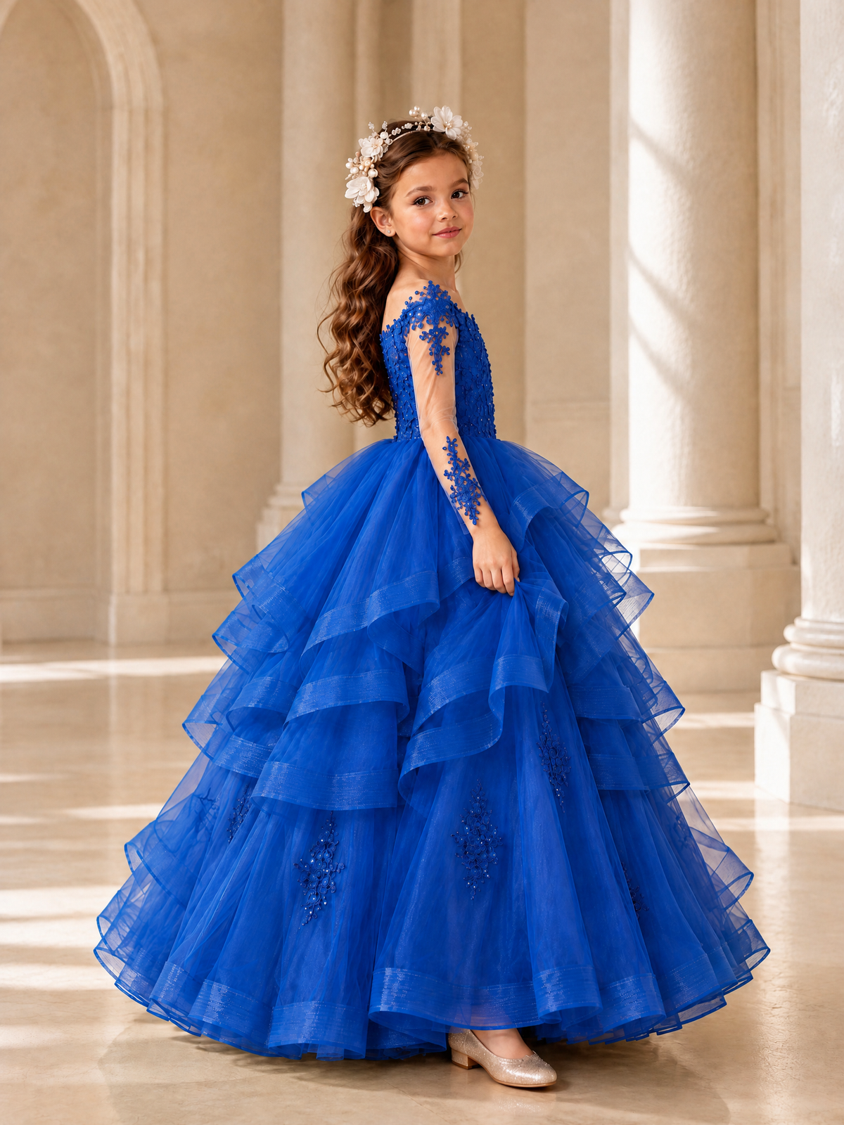 BOLODOO Blue Lace Long Sleeve Tiered Flower Girl Dress - Blue - Blue_3