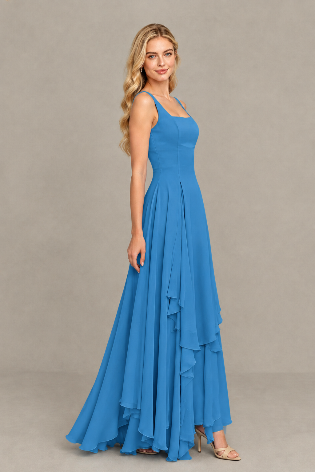 BOLODOO Blue Square Neck Chiffon Bridesmaid Dress with Lace-Up Back - Blue
