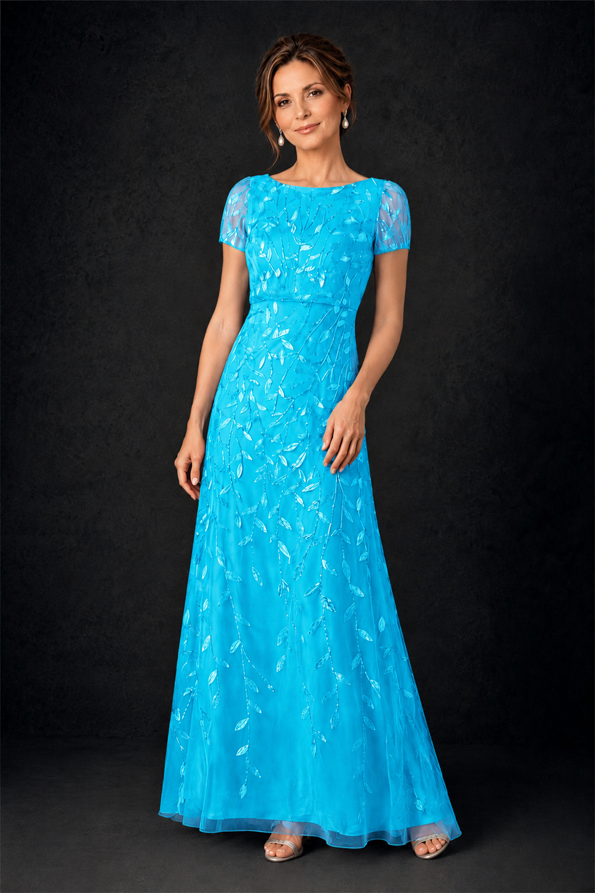 BOLODOO Blue Leaf Embroidered A-Line Formal Gown with Cap Sleeves - Blue - Blue_3