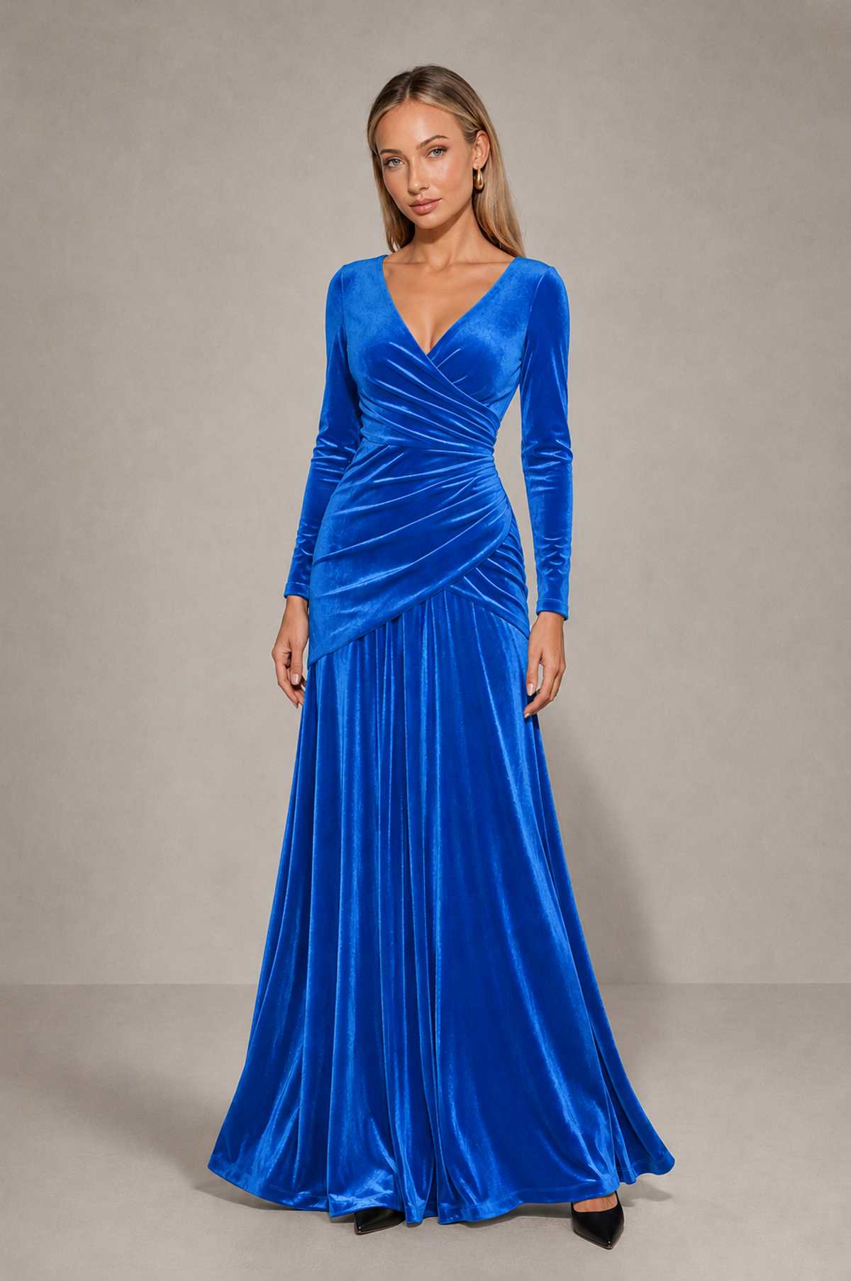 BOLODOO Blue Velvet Long Sleeve V-Neck Ruched Evening Dress - Blue - Blue_3