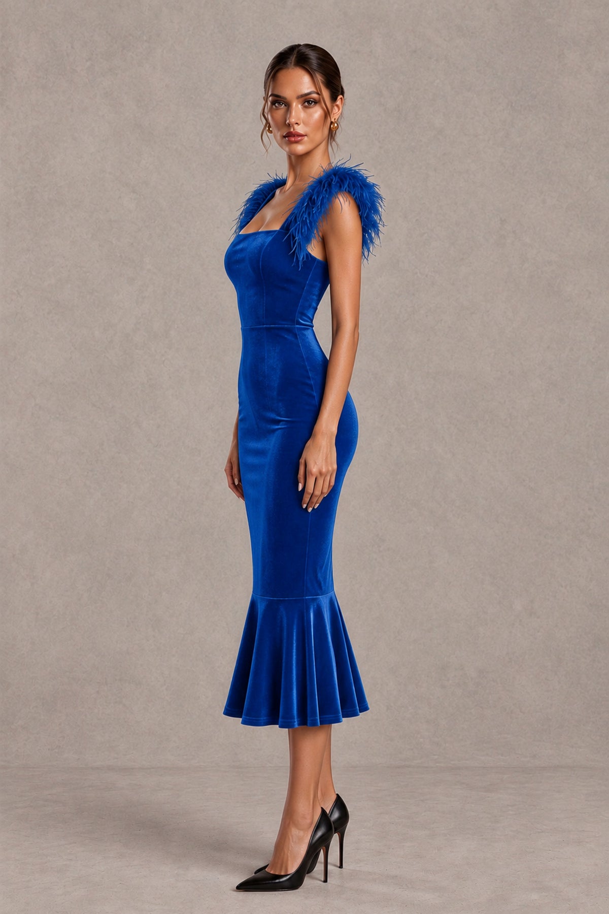 BOLODOO Blue Feather-Trim Velvet-Look Mermaid Midi Dress - Blue - Blue_3