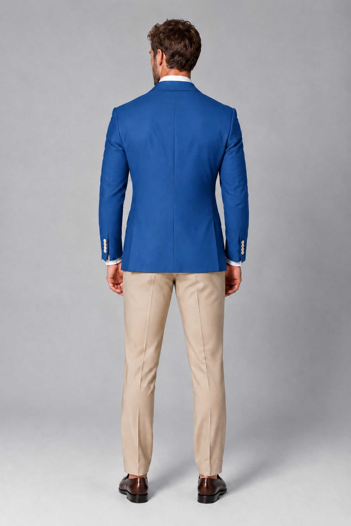 BOLODOO Men's Blue Double-Breasted Blazer & Khaki Trousers Tuxedo 2-Piece Suit Set - Blue - Blue_3