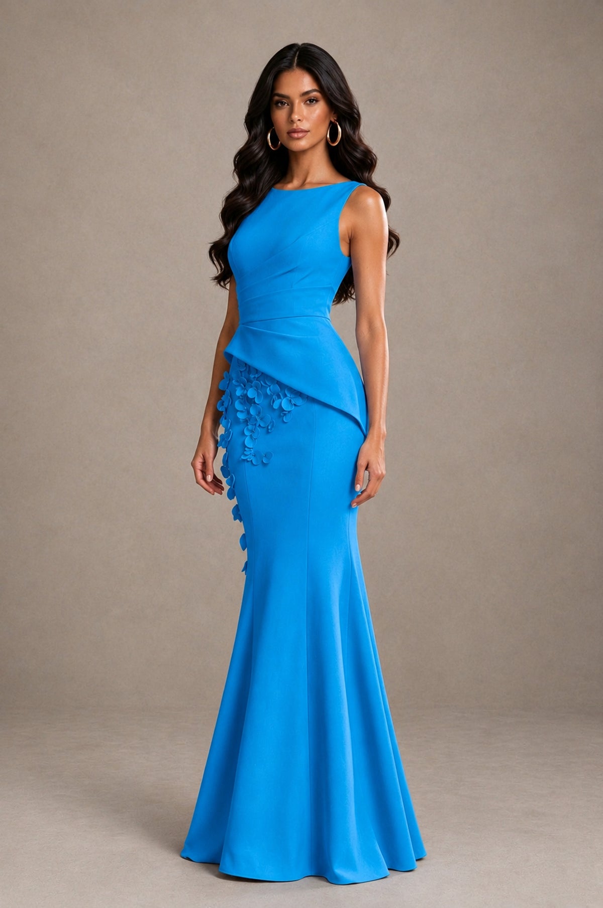 BOLODOO Blue Bateau Neck Sleeveless Asymmetric Peplum 3D Petal Appliqué Mermaid Gown BD0421 - Blue - Blue_3