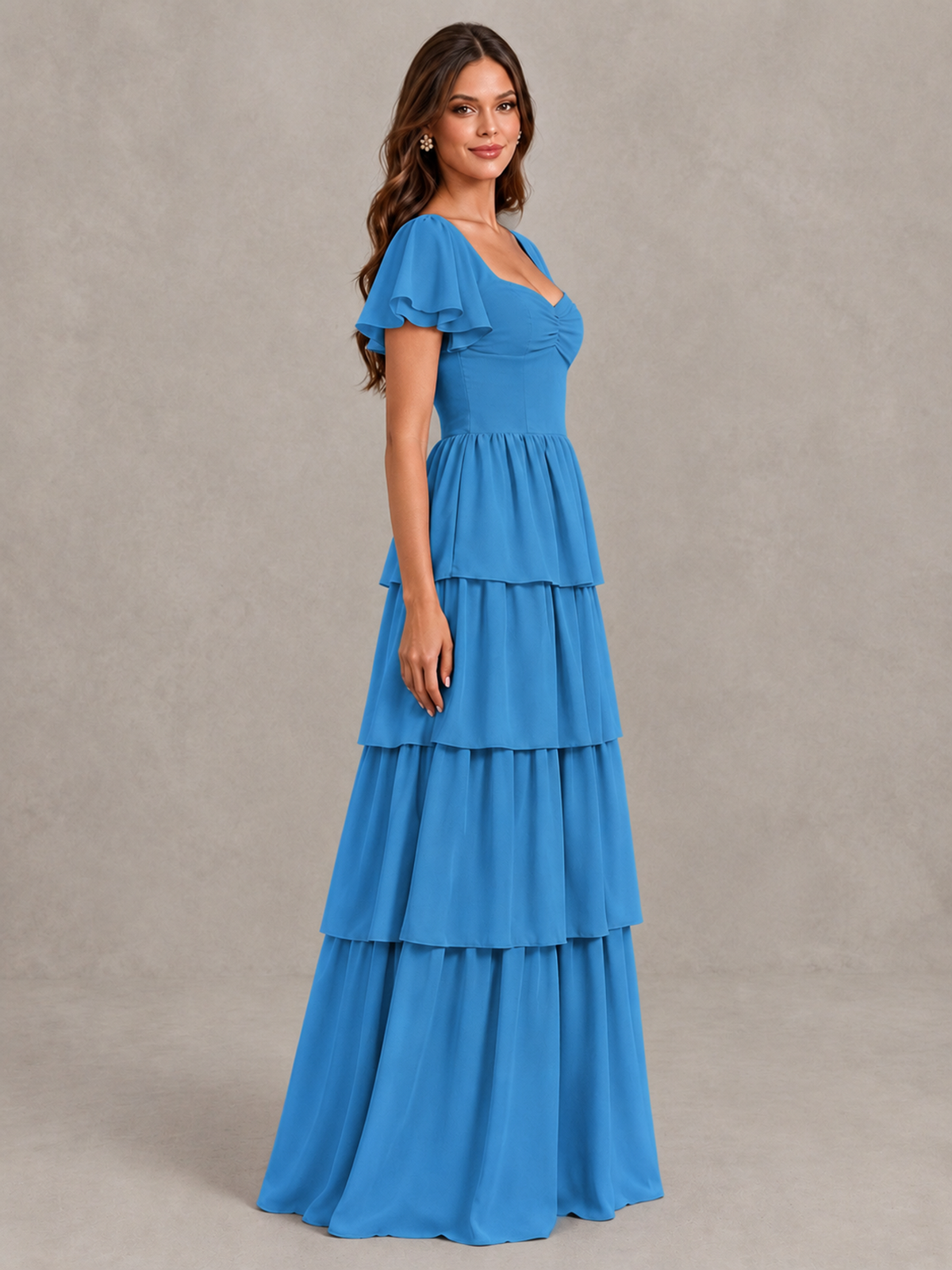 BOLODOO Blue Flutter Sleeve Tiered Maxi Bridesmaid Dress - Blue - Blue_3