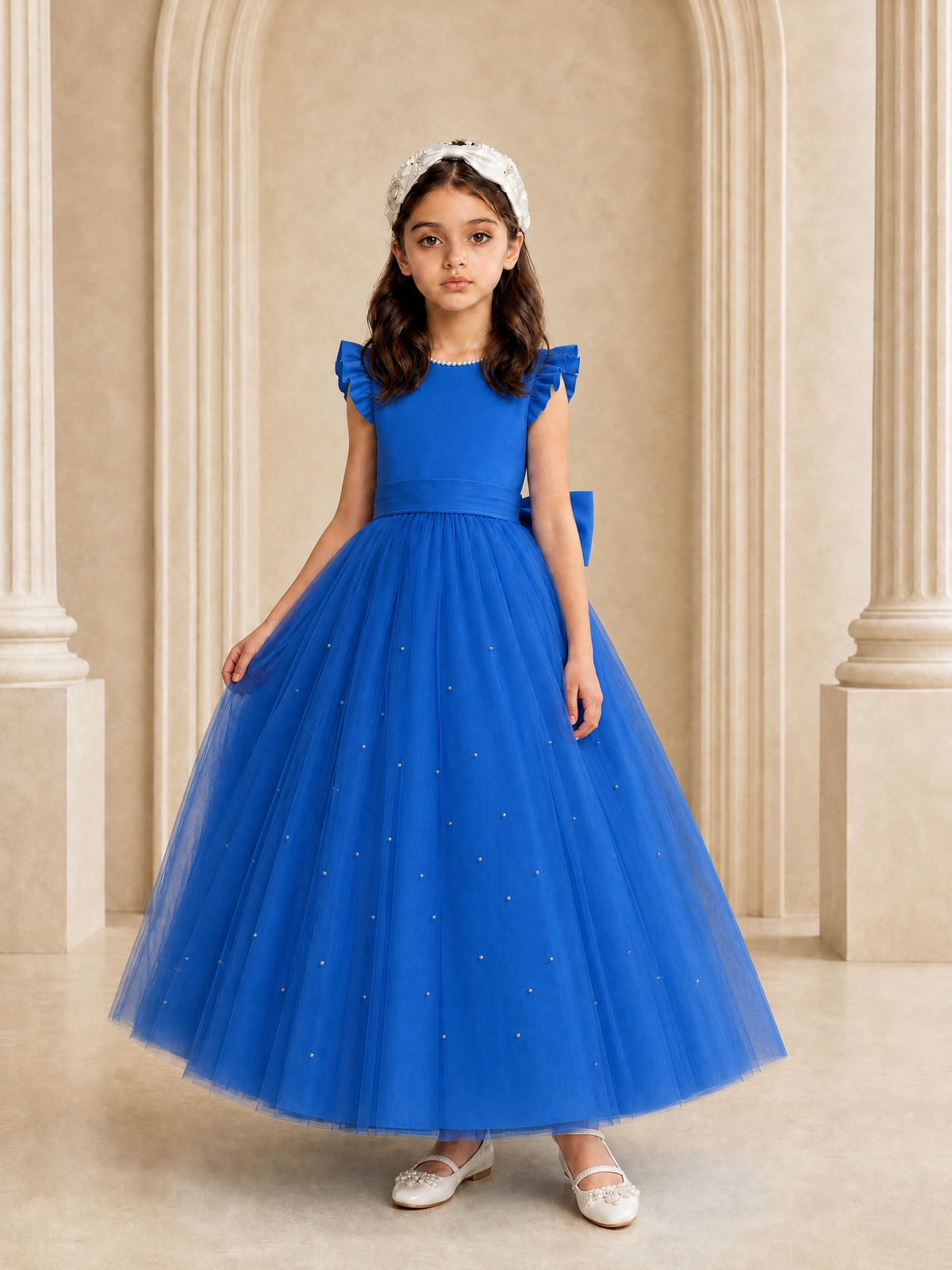 BOLODOO Blue Tulle Flower Girl Dress with Ruffle Sleeves & Bow Back - Blue - Blue_3