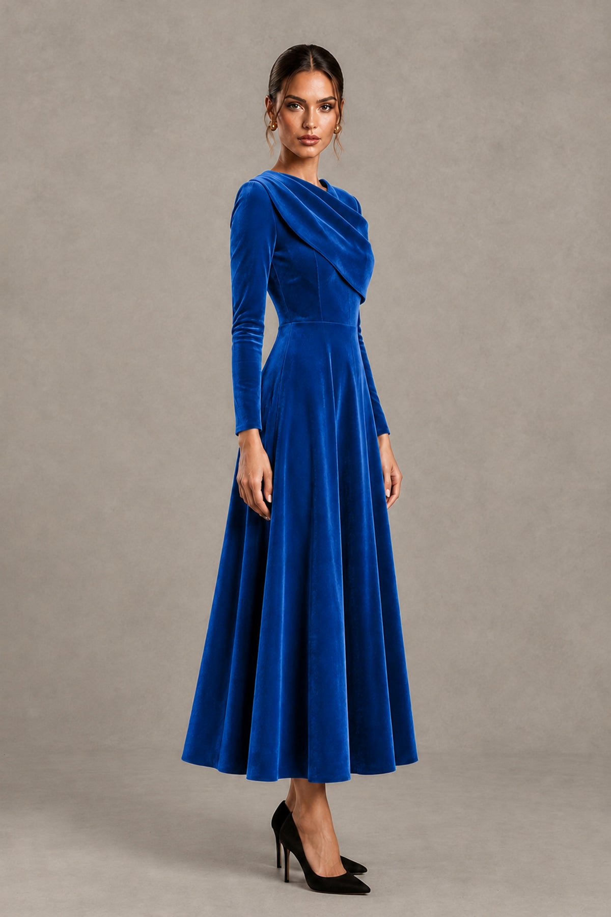 BOLODOO Blue Velvet-Look Long Sleeve Tea-Length A-Line Dress with Draped Neckline - Blue - Blue_3