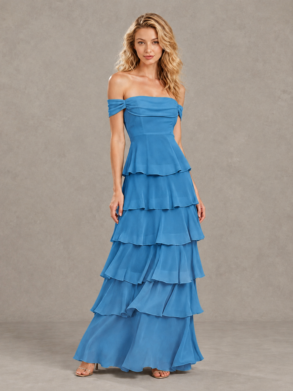 BOLODOO Blue Off-Shoulder Tiered Ruffle Bridesmaid Dress with Lace-Up Back - Blue - Blue_3