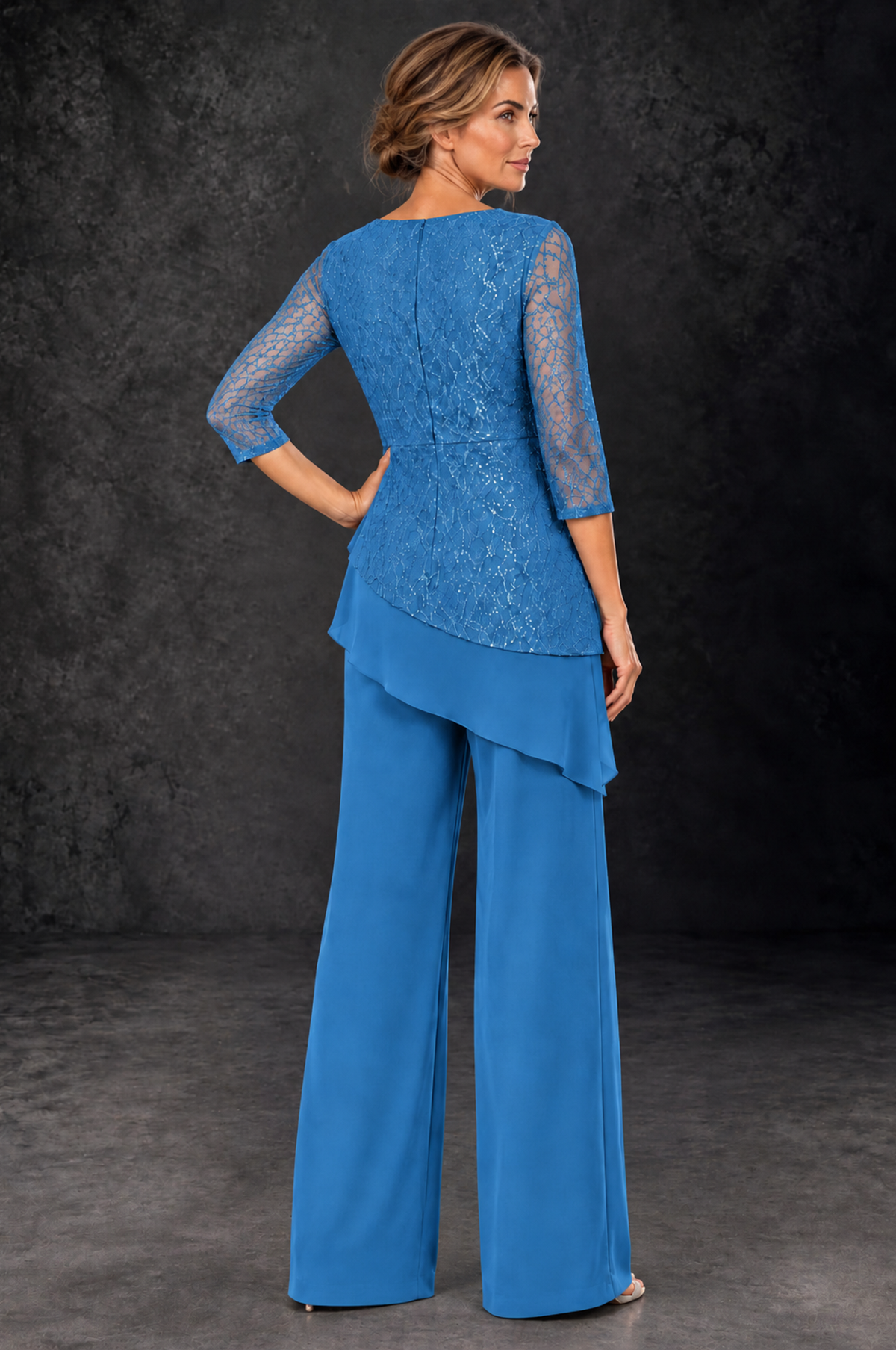 BOLODOO Blue Sequin Lace 3/4 Sleeve Chiffon Mother of the Bride Pant Suit - Blue - Blue_3