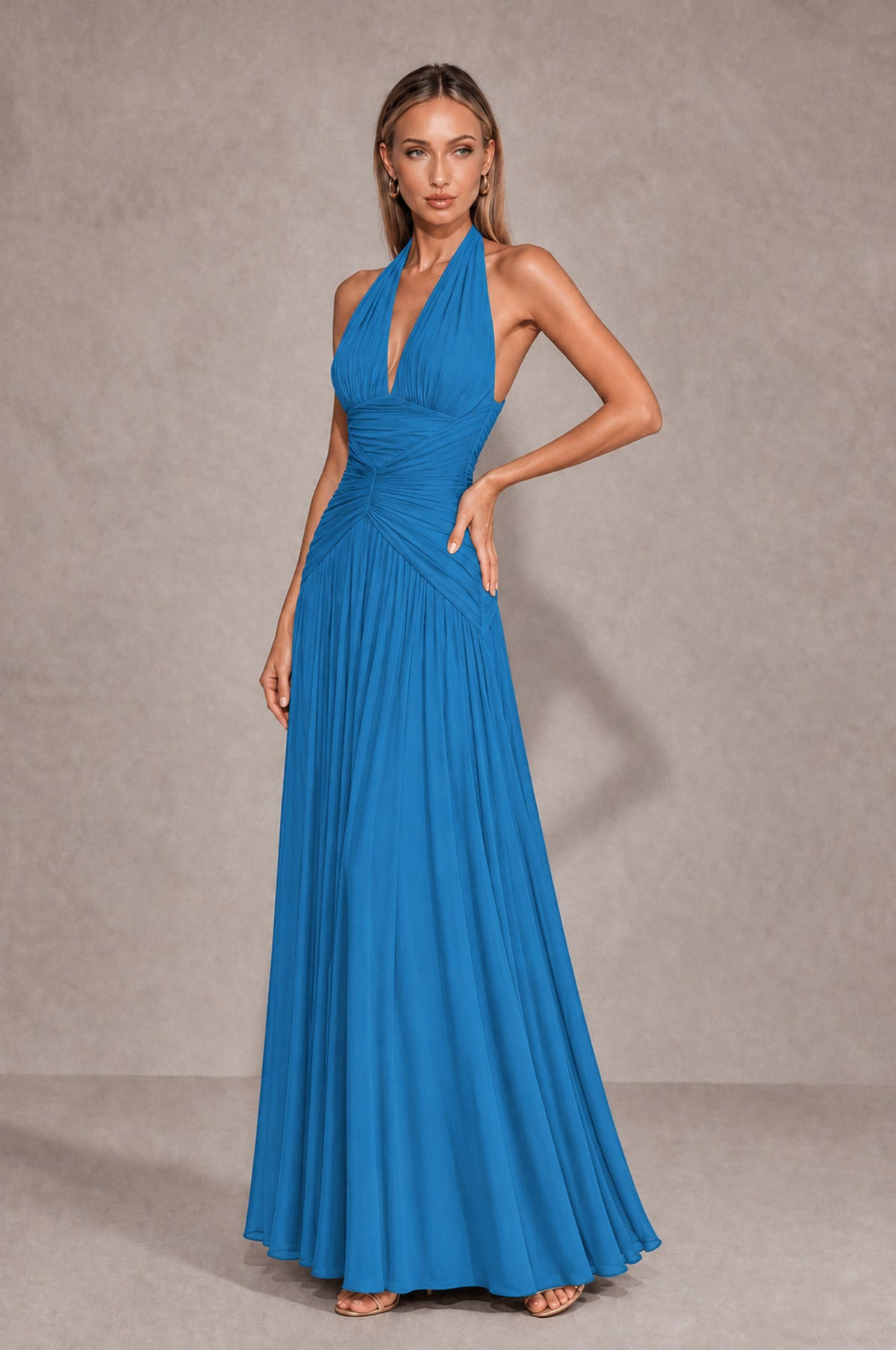 BOLODOO Blue Chiffon Halter Deep V-Neck Ruched A-Line Backless Maxi Dress with Train-BD0167 - Blue - Blue_3