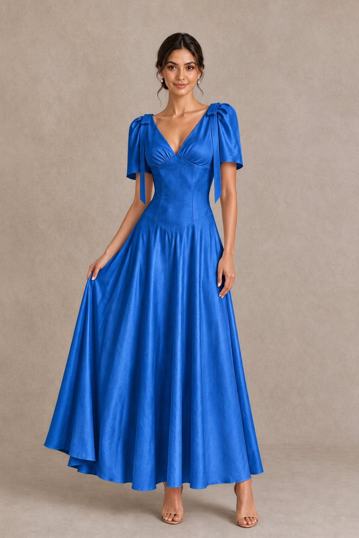BOLODOO Blue V-Neck Short Sleeve Satin-Look Bridesmaid Dress with Shoulder Bows - Blue - Blue_3