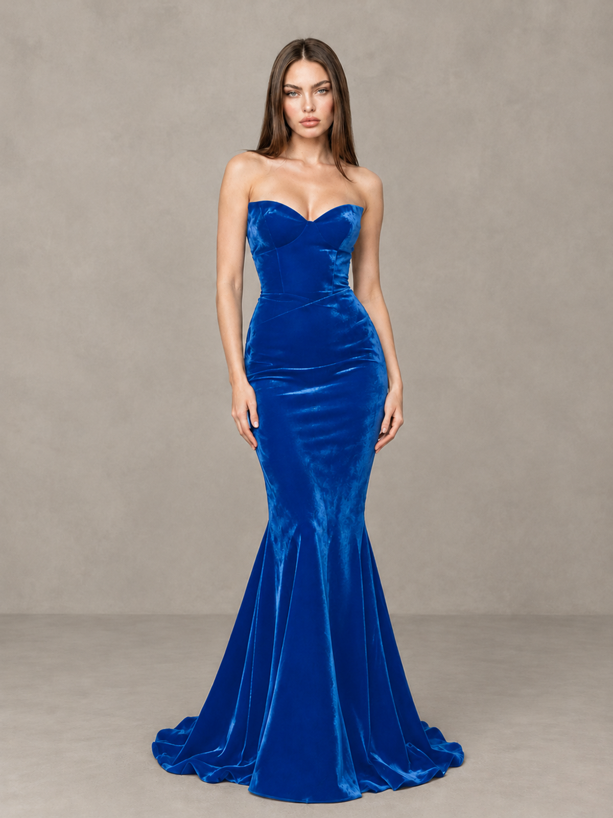 BOLODOO Blue Strapless Sweetheart Velvet-Look Mermaid Evening Dress - Blue - Blue_3