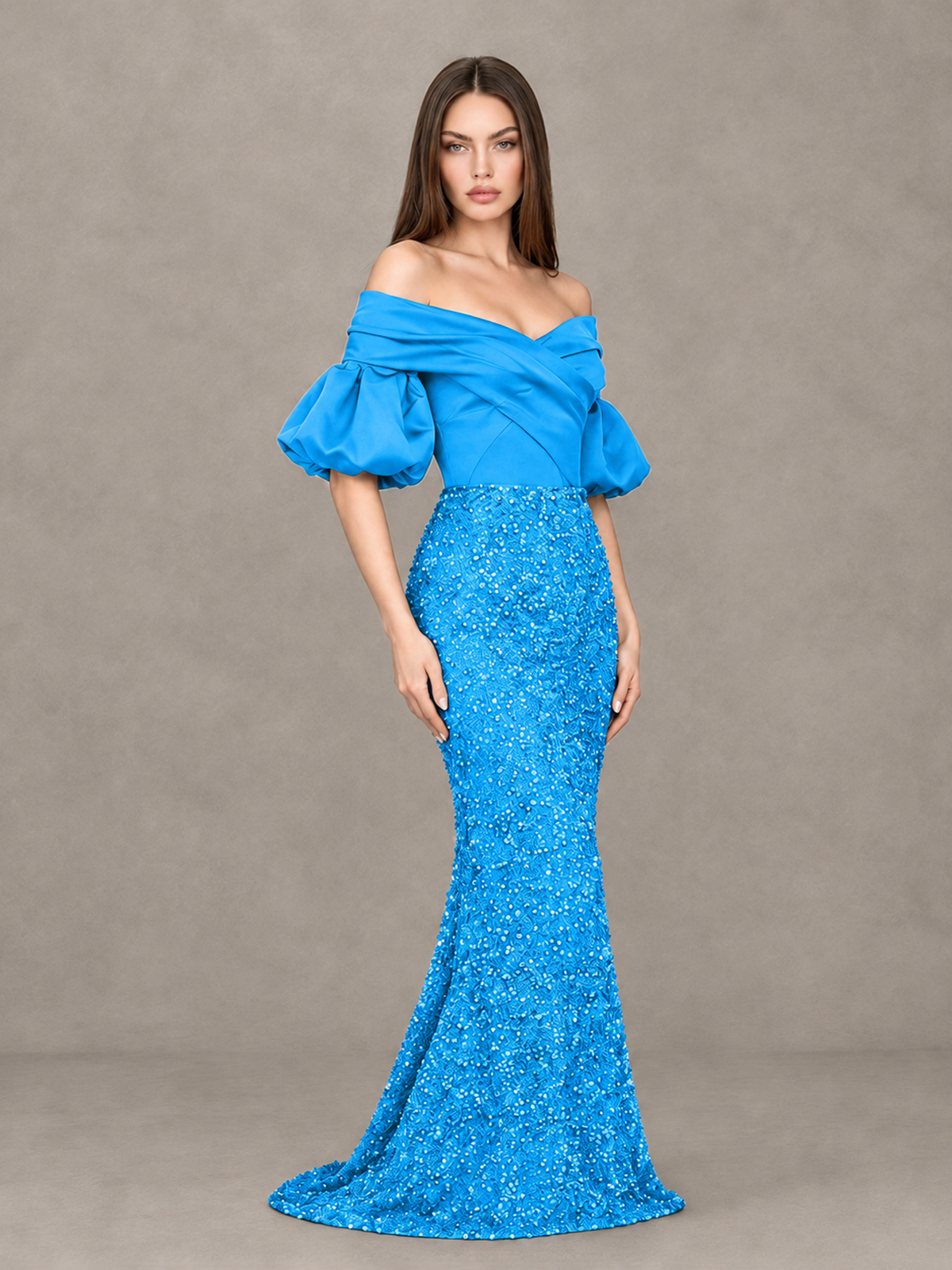 BOLODOO Blue Off-Shoulder Puff Sleeve Sequin Mermaid Evening Dress - Blue - Blue_3
