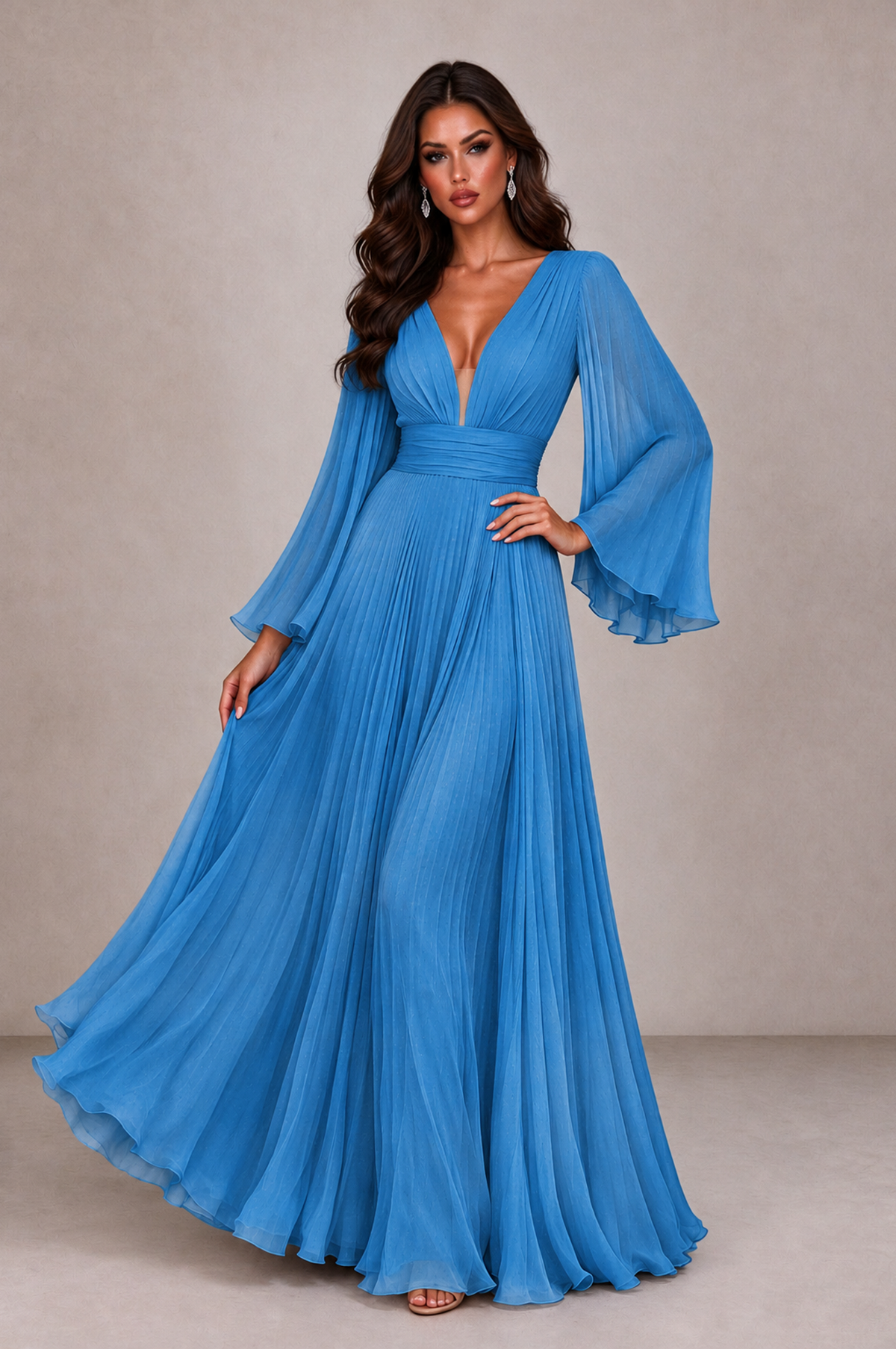 BOLODOO Blue Pleated Deep V-Neck Long Bell Sleeve Evening Dress - Blue - Blue_3