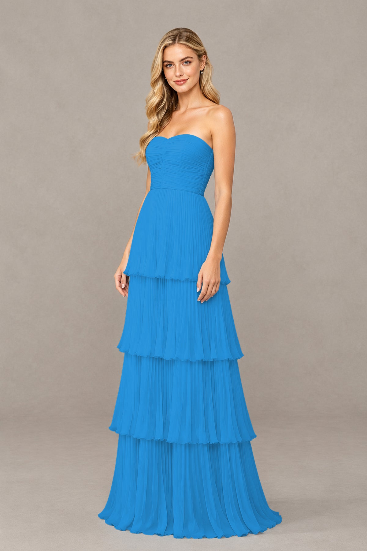 BOLODOO Blue Strapless Tiered Chiffon Maxi Dress - Blue