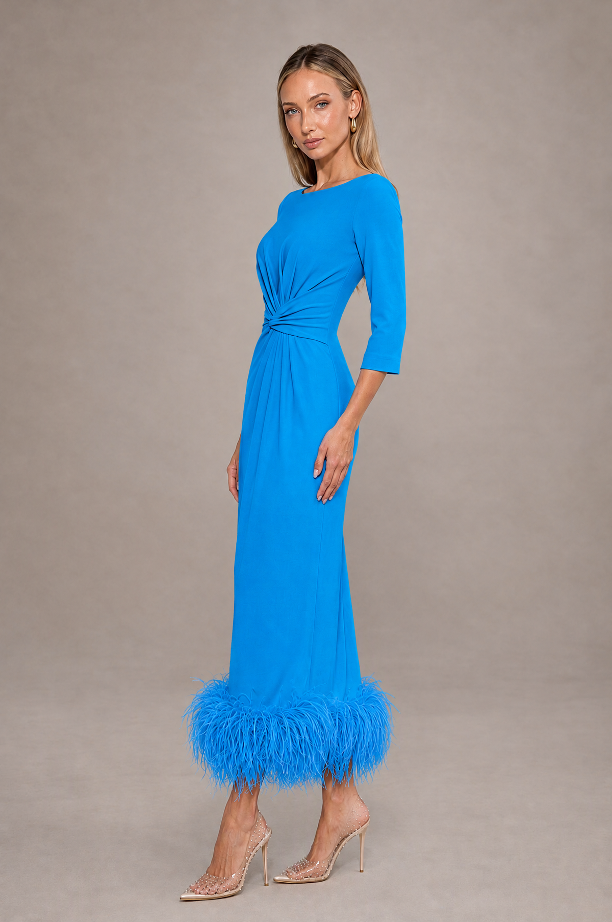 BOLODOO Blue Feather-Trim Twist-Waist Midi Dress - Blue - Blue_4