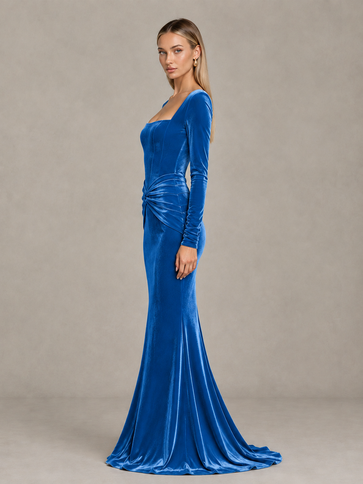 BOLODOO Blue Velvet-Look Square Neck Long Sleeve Mermaid Evening Dress - Blue - Blue_4