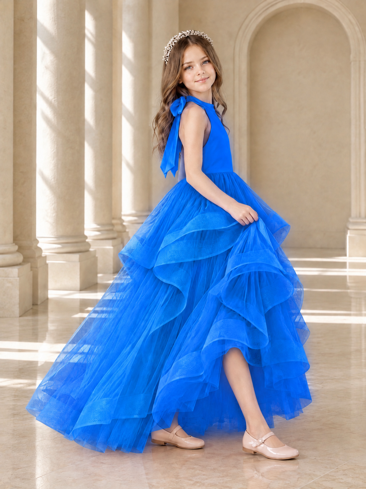 BOLODOO Blue Halter Tiered Tulle Flower Girl Dress with Bow Back - Blue - Blue_4