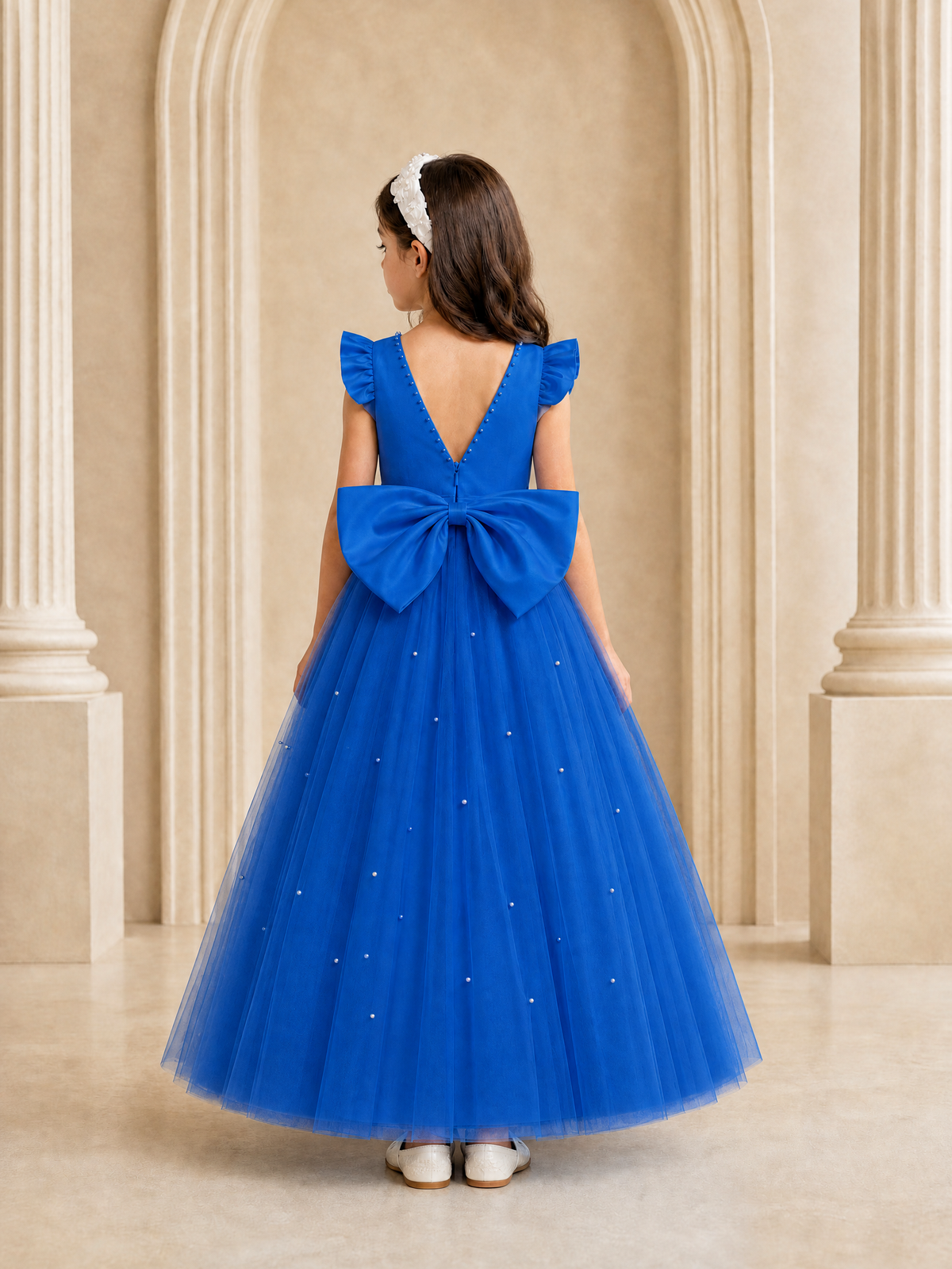 BOLODOO Blue Tulle Flower Girl Dress with Ruffle Sleeves & Bow Back - Blue - Blue_4