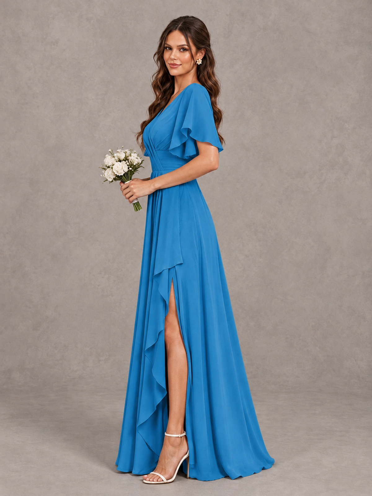 BOLODOO Blue Flutter Sleeve V-Neck Bridesmaid Dress with Ruffle Slit - Blue - Blue_4
