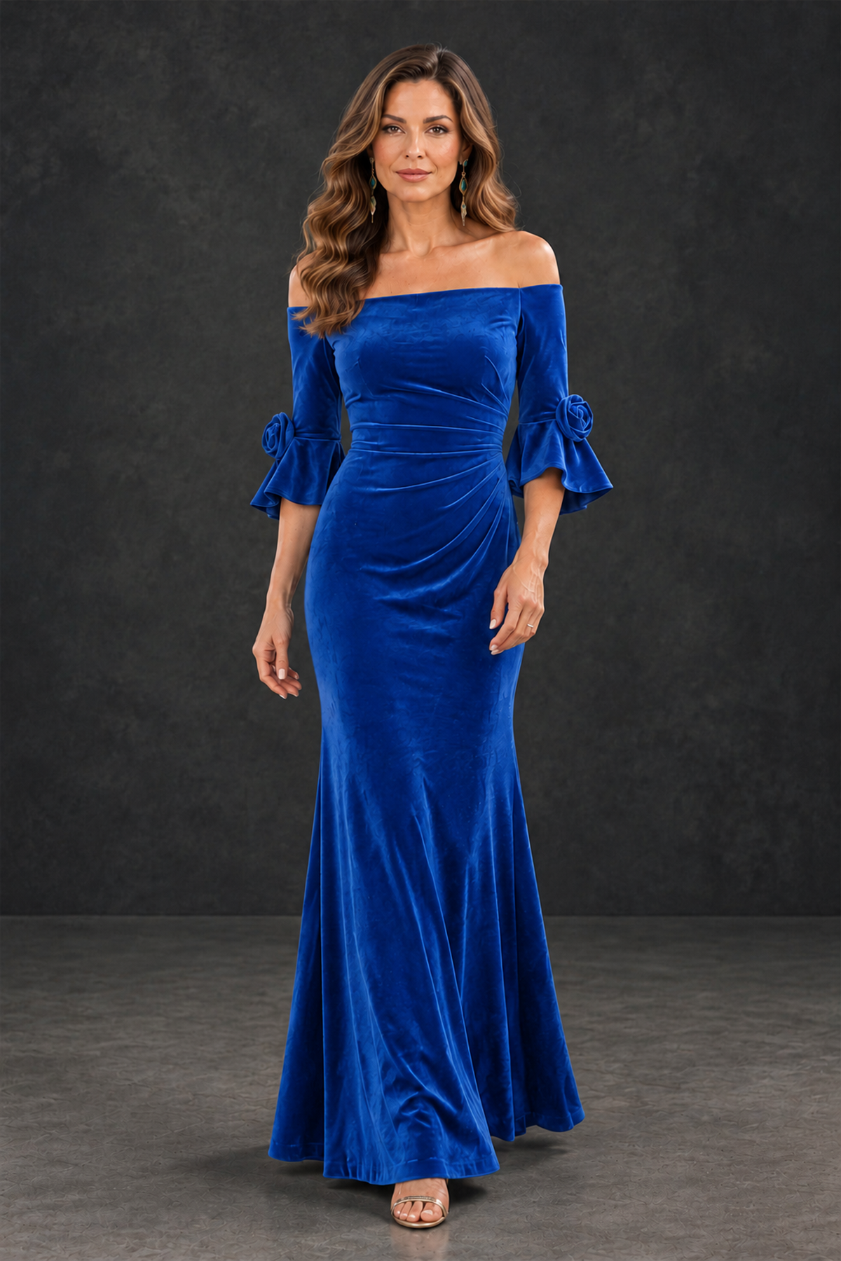 BOLODOO Blue Velvet Mother of the Bride Dress with Rosette Sleeves - Blue - Blue_4