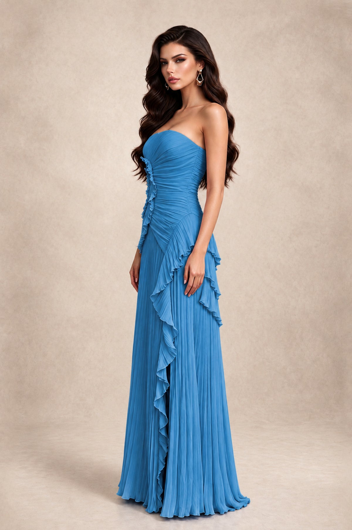 BOLODOO Blue Strapless Ruffle Pleated Slit Evening Gown - Blue - Blue_4