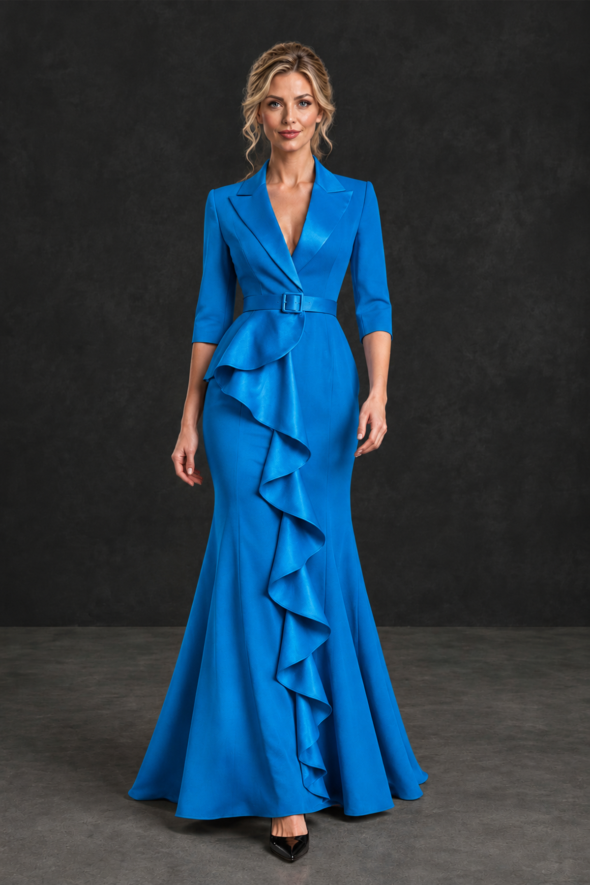BOLODOO Blue Lapel Ruffle Mother of the Bride Dress with Belt - Blue - Blue_4