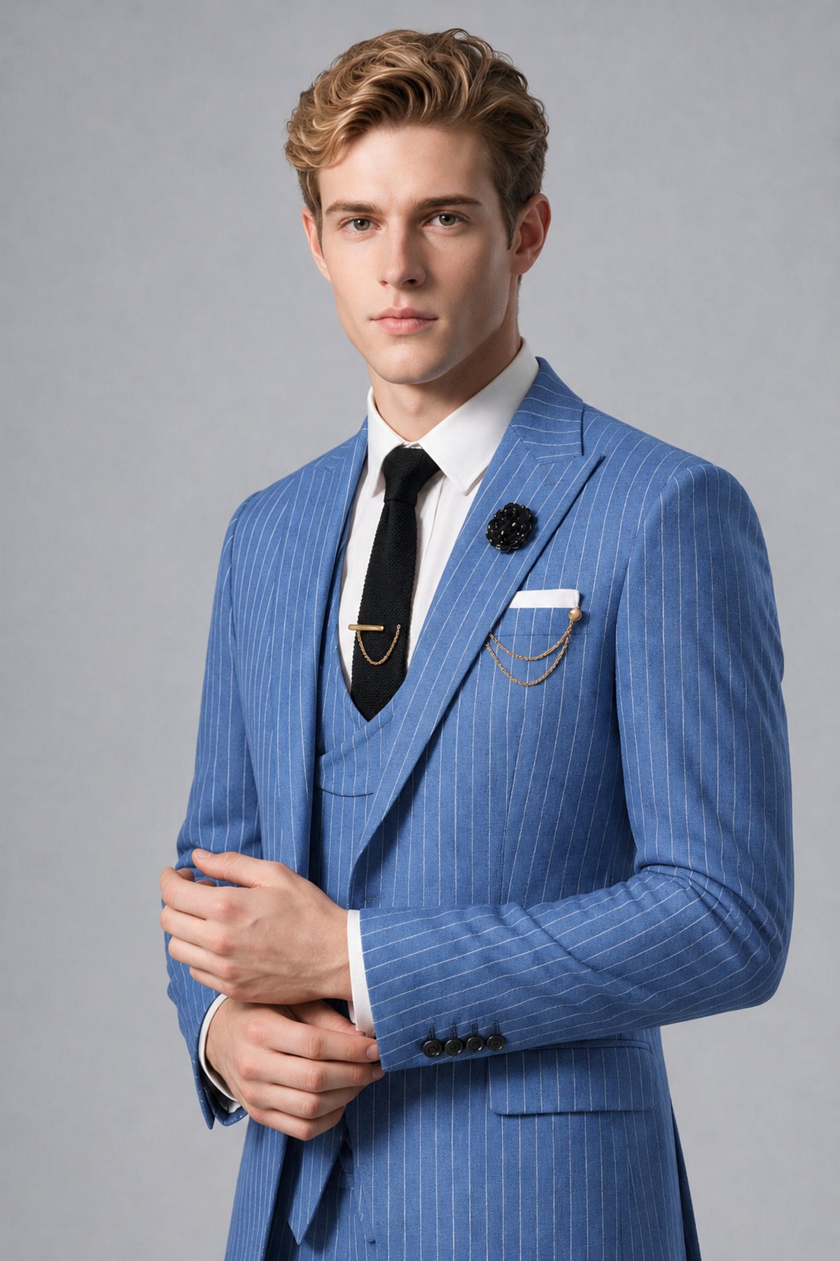 Bolodoo Men's Blue Pinstripe 3-Piece Suit – Jacket, Vest & Trousers - Blue - Blue_4