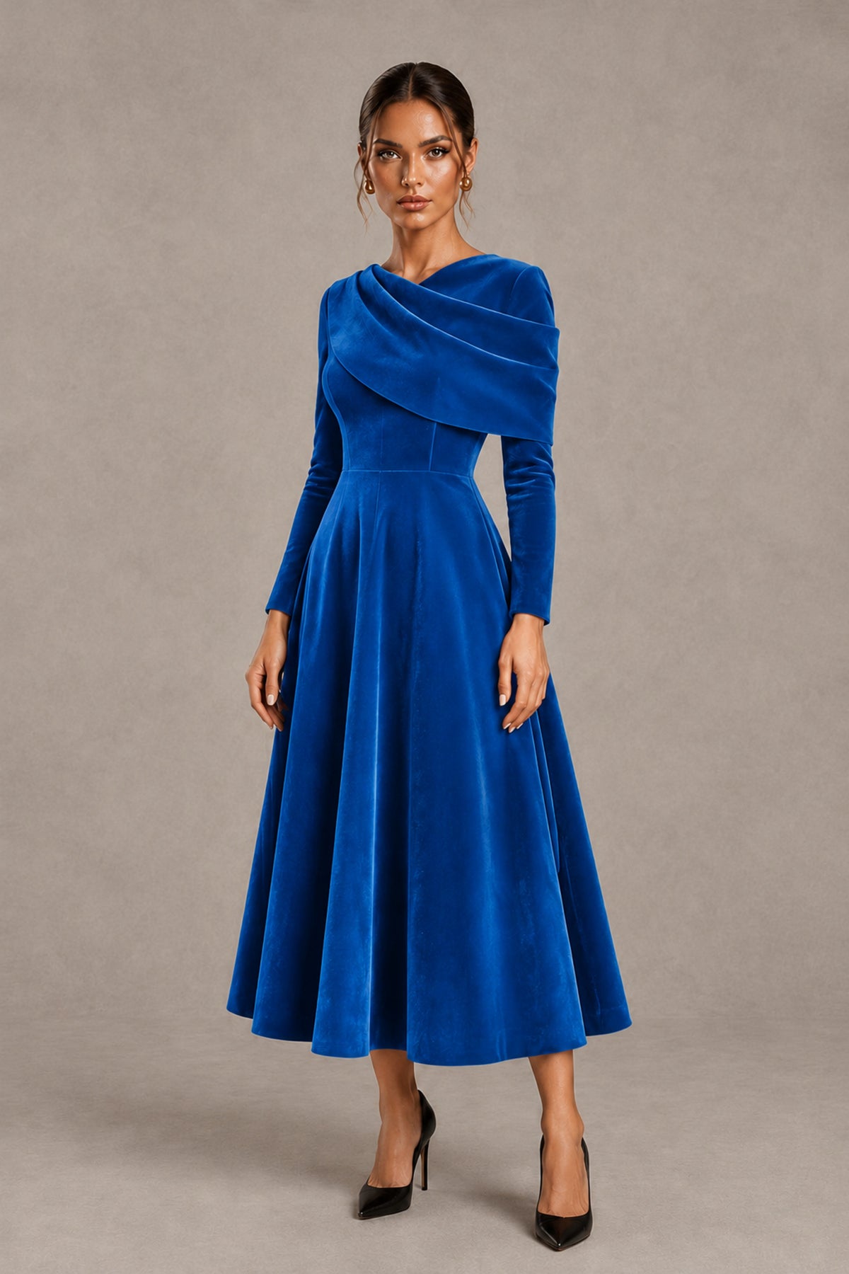 BOLODOO Blue Velvet-Look Long Sleeve Tea-Length A-Line Dress with Draped Neckline - Blue - Blue_4