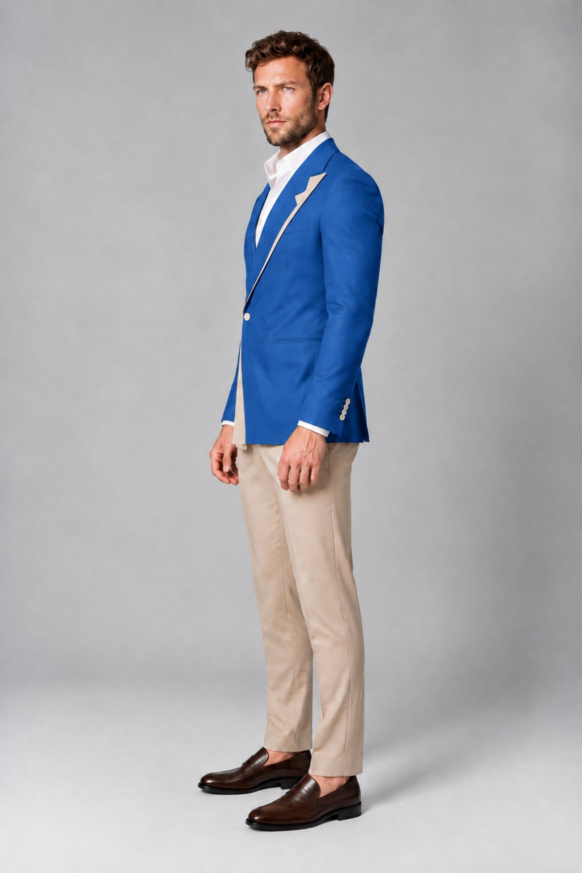 BOLODOO Men's Blue Double-Breasted Blazer & Khaki Trousers Tuxedo 2-Piece Suit Set - Blue - Blue_4