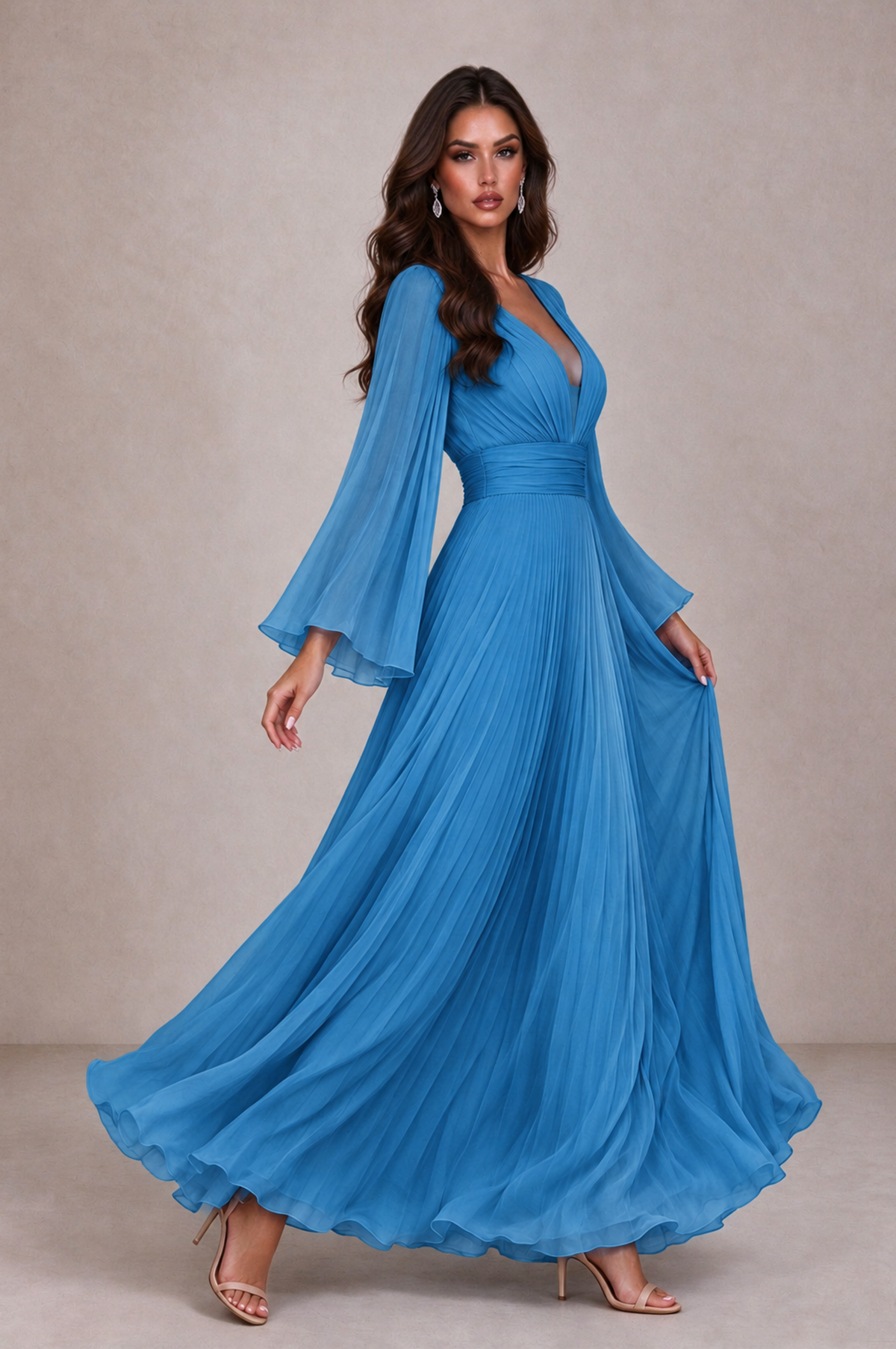 BOLODOO Blue Pleated Deep V-Neck Long Bell Sleeve Evening Dress - Blue - Blue_4
