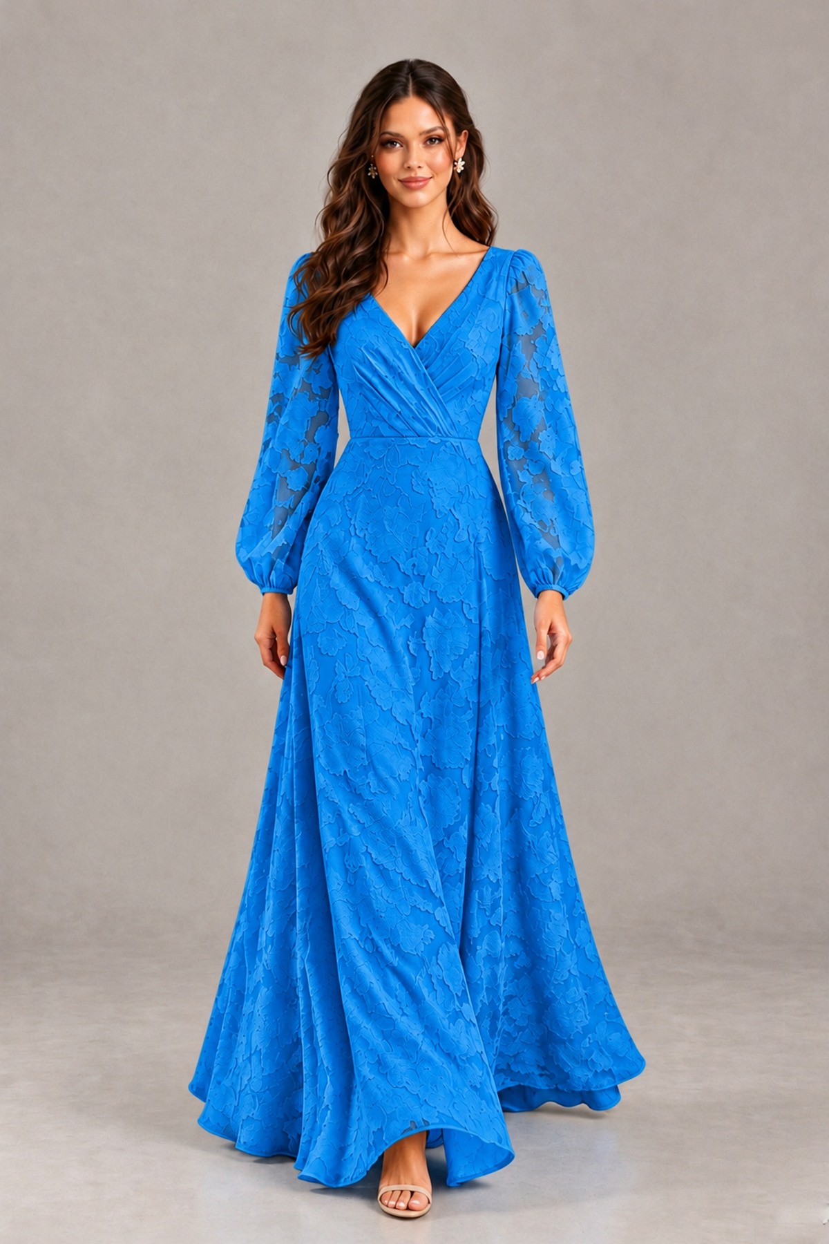 BOLODOO Blue Long Sleeve V-Neck A-Line Mother of the Bride Dress - Blue - Blue_4