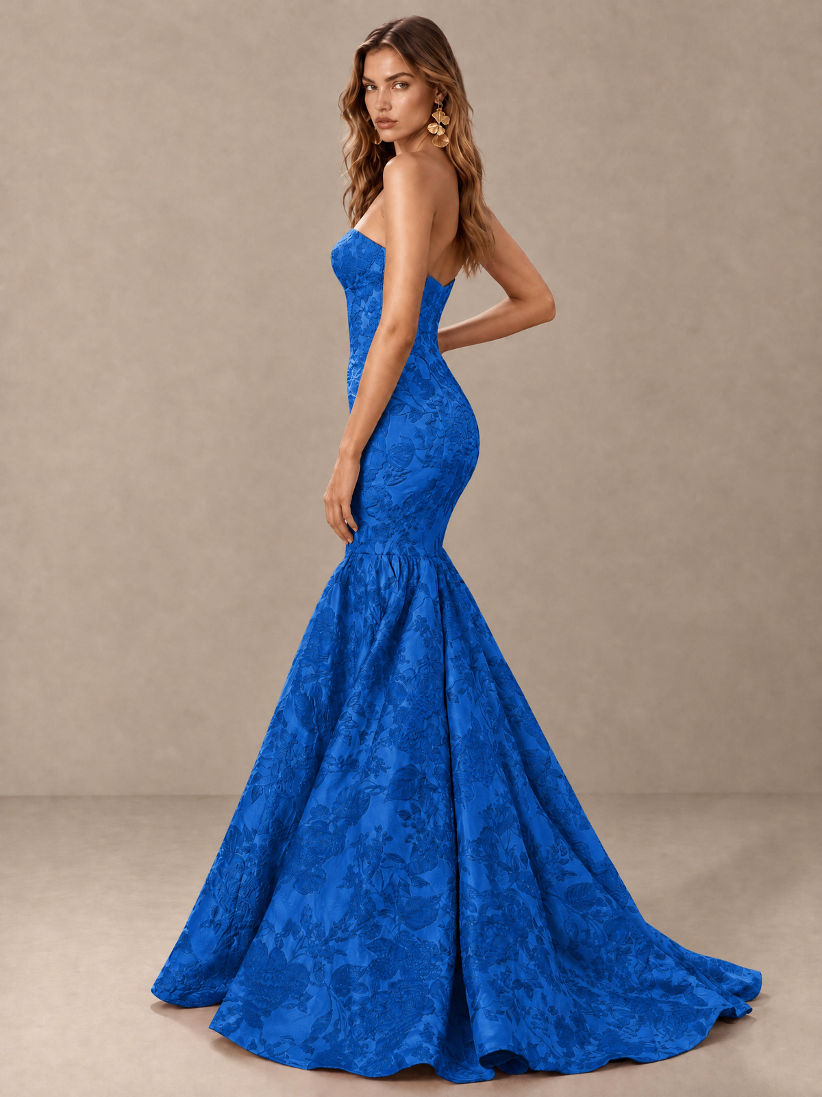 BOLODOO Blue Floral Strapless Mermaid Prom Dress with Train - Blue - Blue_4