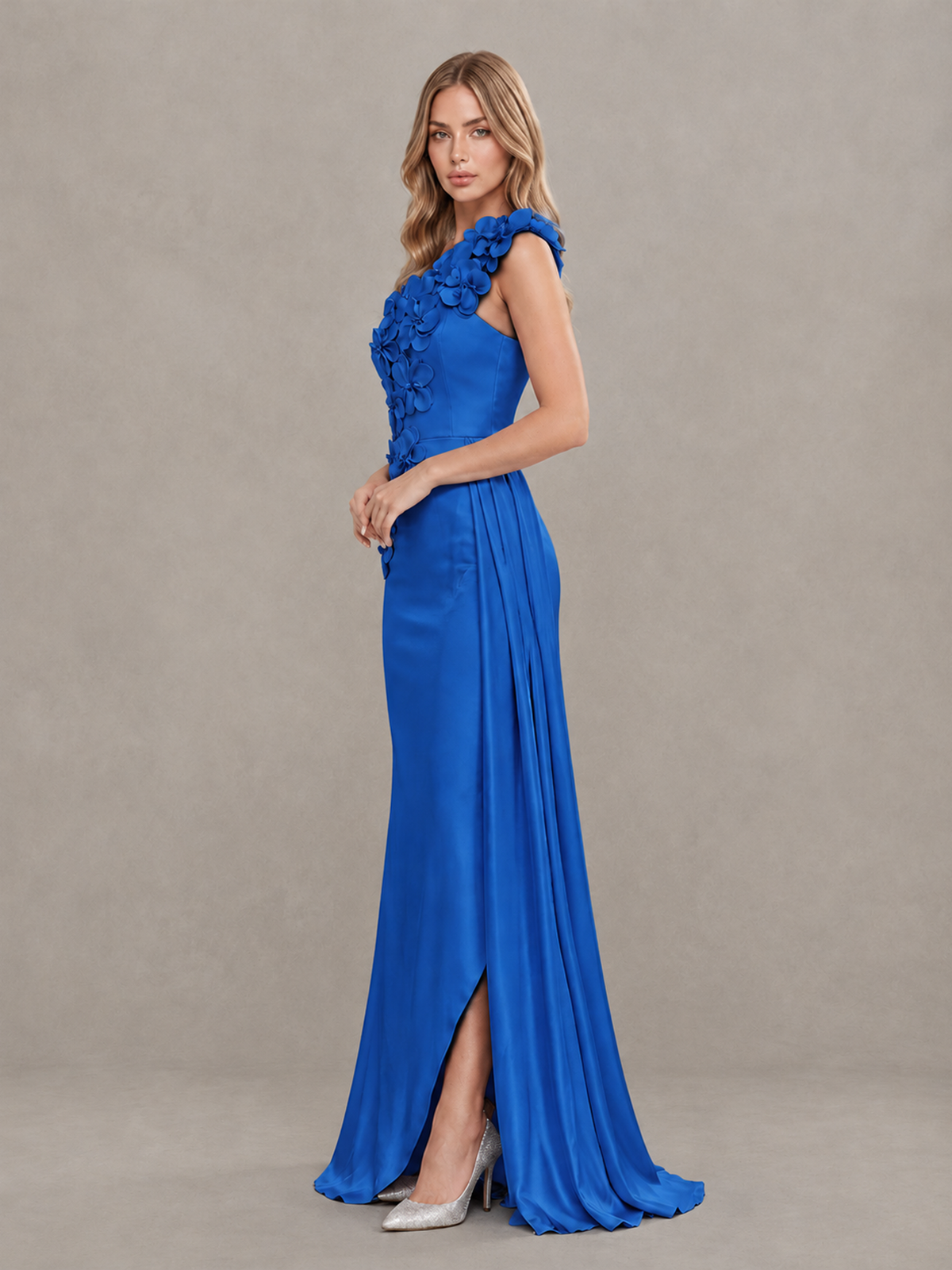BOLODOO Blue One-Shoulder Satin Mermaid Evening Gown with 3D Floral Appliqué - Blue - Blue_4