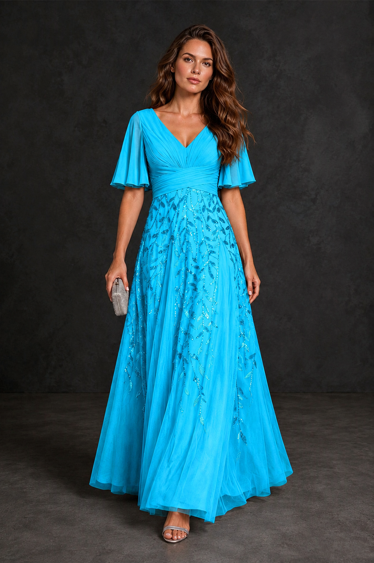 BOLODOO Blue V-Neck Flutter Sleeve Beaded Botanical Tulle A-Line Gown | Mother of the Bride Evening Dress - Blue - Blue_4